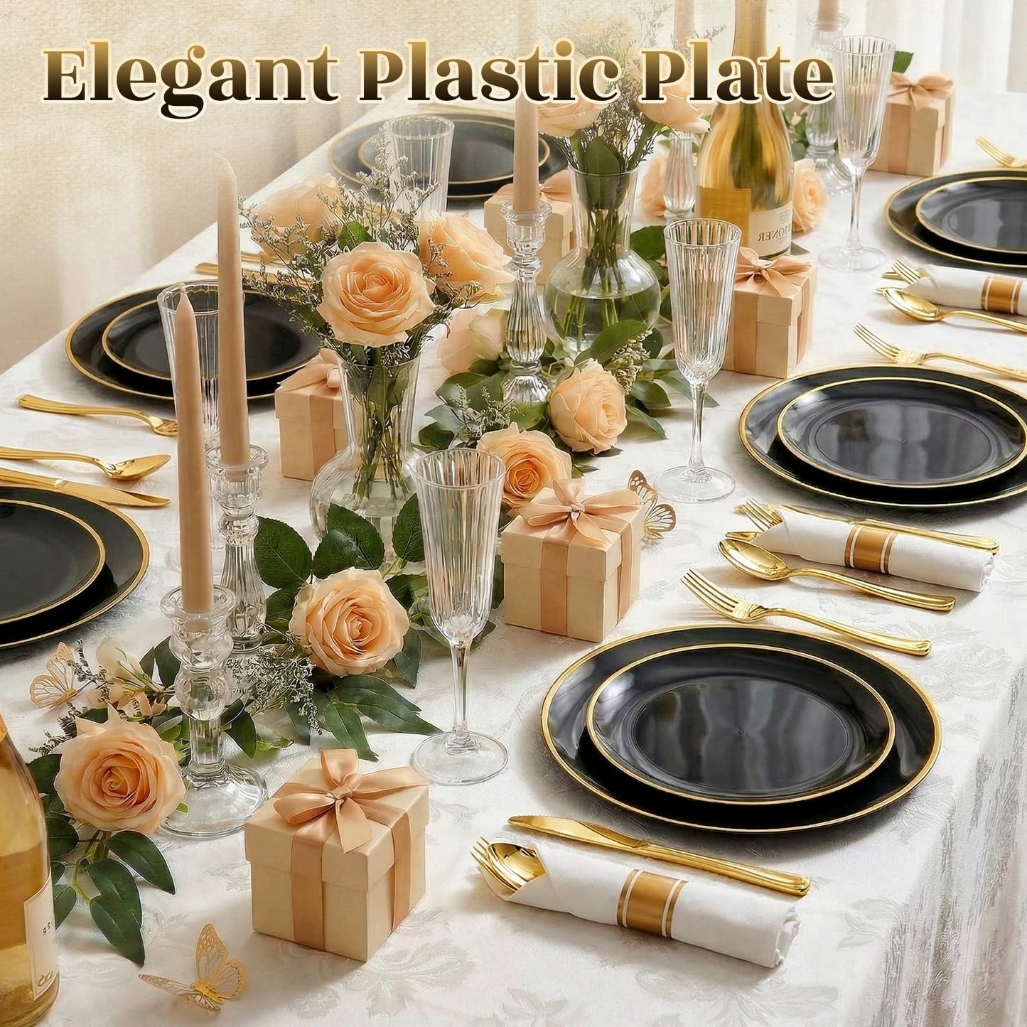 cheerserve 175pcs Plastic Dinnerware Set,Black and Gold Plastic Plates for 25 Guests Include 50 Elegant Plastic Plates,75 Plastic Silverware Set,25