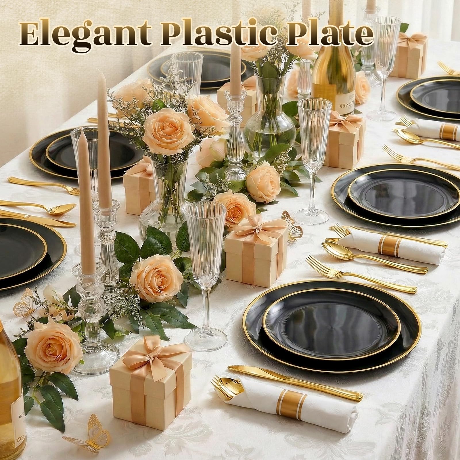 cheerserve 175pcs Plastic Dinnerware Set,Black and Gold Plastic Plates for 25 Guests Include 50 Elegant Plastic Plates,75 Plastic Silverware Set,25