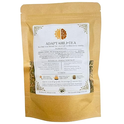 The Good Village Co. Adaptabili•Tea Loose Leaf Herbal Tea, Caffeine Free Botanical Blend with Ashwagandha, Eleuthero, Skullcap, Moringa, Dandelion