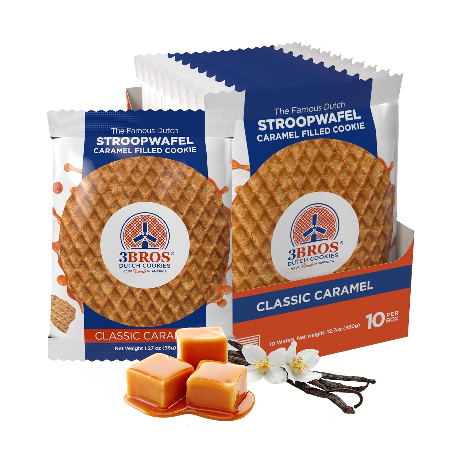 3Bros Stroopwafels, Dutch Caramel-Filled Waffle Cookies, Individually Wrapped, 10 Count, Soft Toasted Outside With Buttery Caramel Filling, Made in