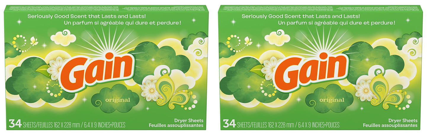 Gain Dryer Sheets - Original - 34 Sheets Per Box - Pack of 2 Boxes