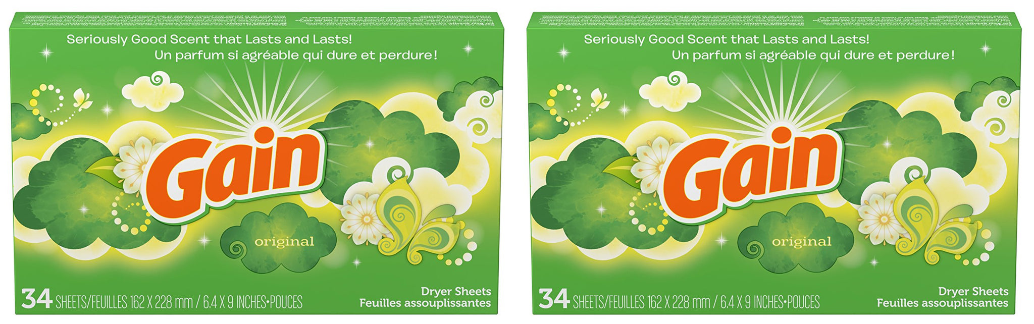 Gain Dryer Sheets - Original - 34 Sheets Per Box - Pack of 2 Boxes