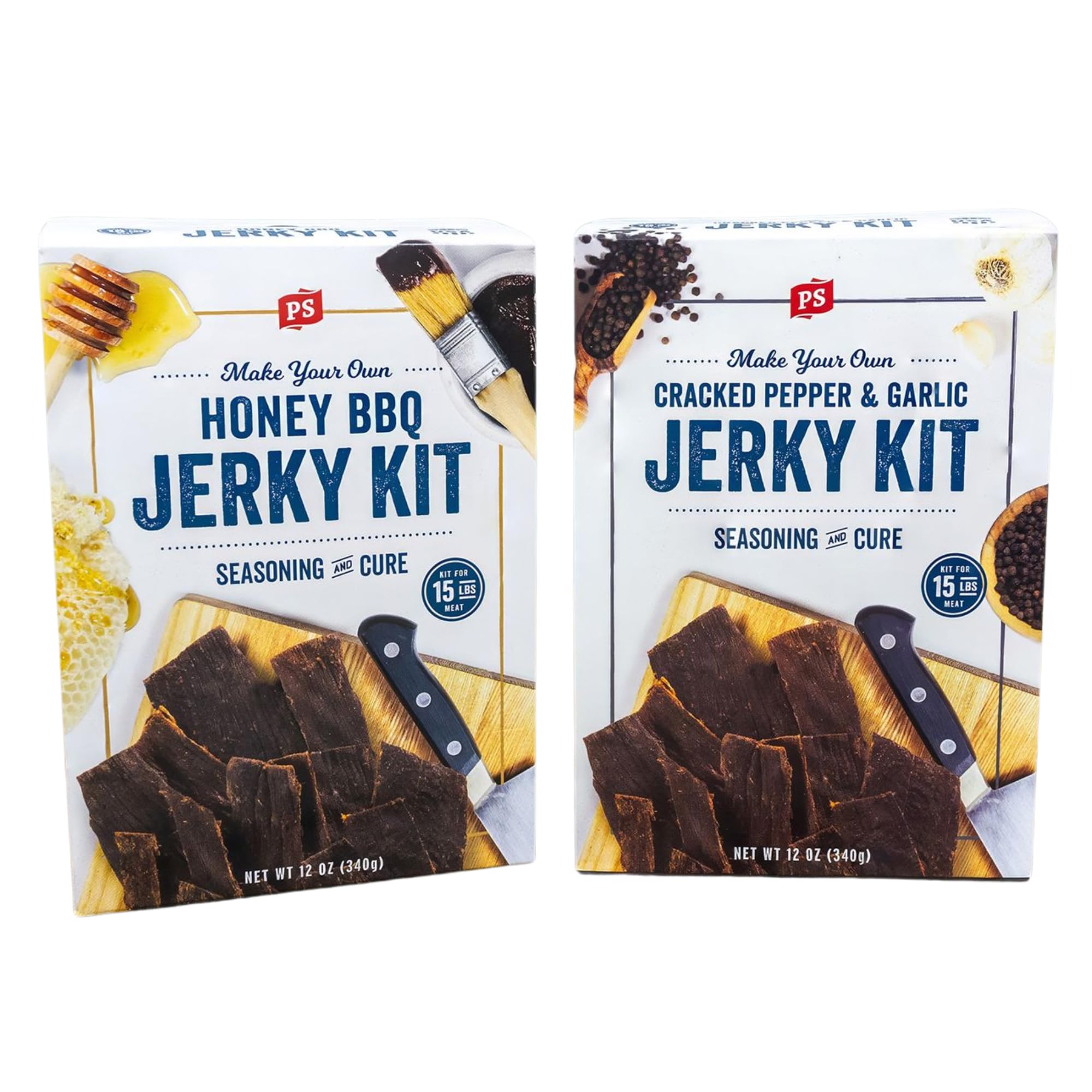PS Seasoning Jerky Seasoning & Cure Kit Bundle - Honey BBQ & Cracked Pepper Garlic, Make Up to 30 lbs of Meat for Flavorful Jerky, Low-Sugar Seasoning