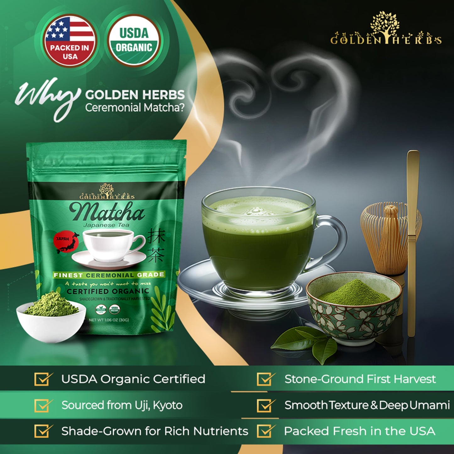 Golden Herbs Matcha Superior Ceremonial Blend Green Tea Powder from Uji, Kyoto, USDA Organic, Gluten-Free Vegan, 100% Pure Unsweetened, No Additivesm