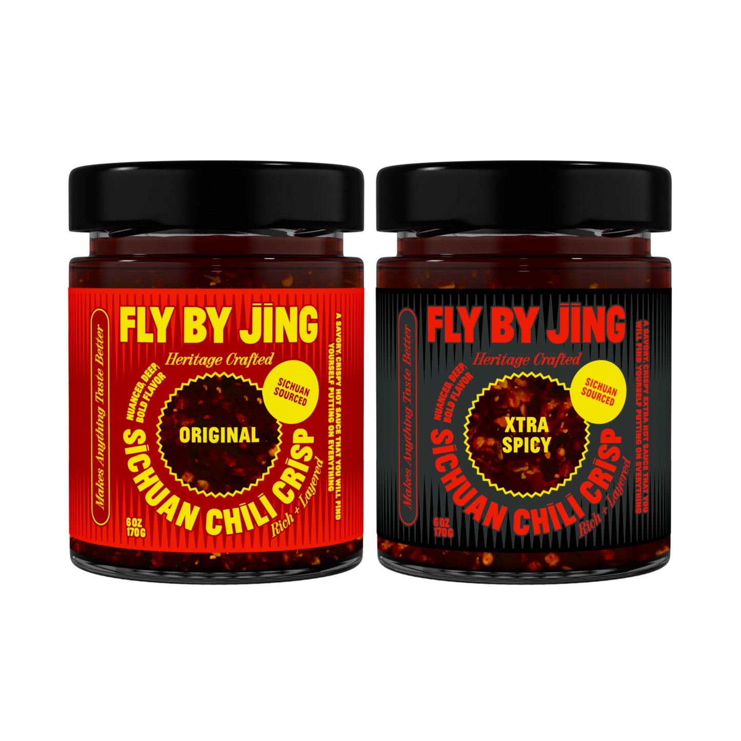 FLYBYJING Original + Xtra Spicy Sichuan Chili Crisp Oil Duo: Premium Vegan Chili Sauces Good on Noodles, Proteins, Veggies & Everything - Spicy