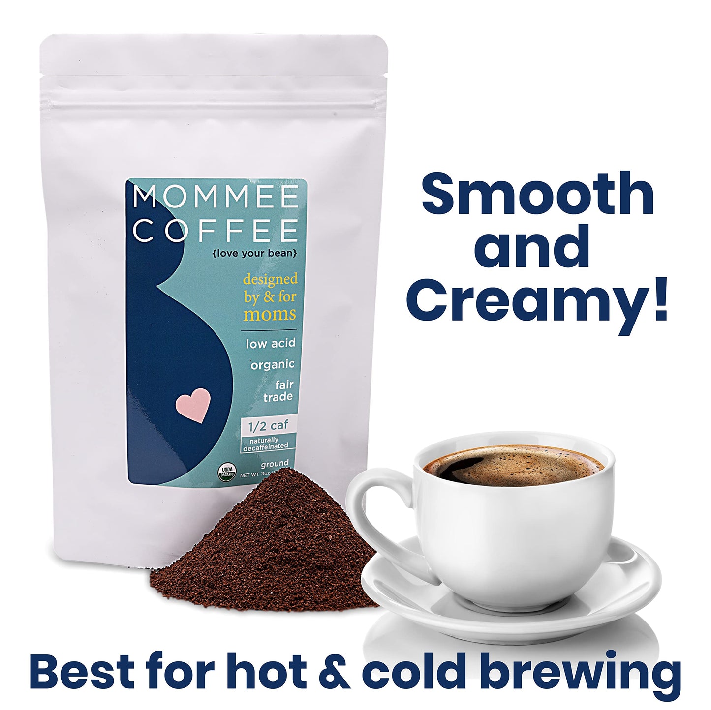 Mommee Coffee Half Caf Ground Low Acid Coffee - 100% Arabica Organic Coffee Beans with Smooth Caramel Flavor - Medium Grind for Drip, Reusable One Cup