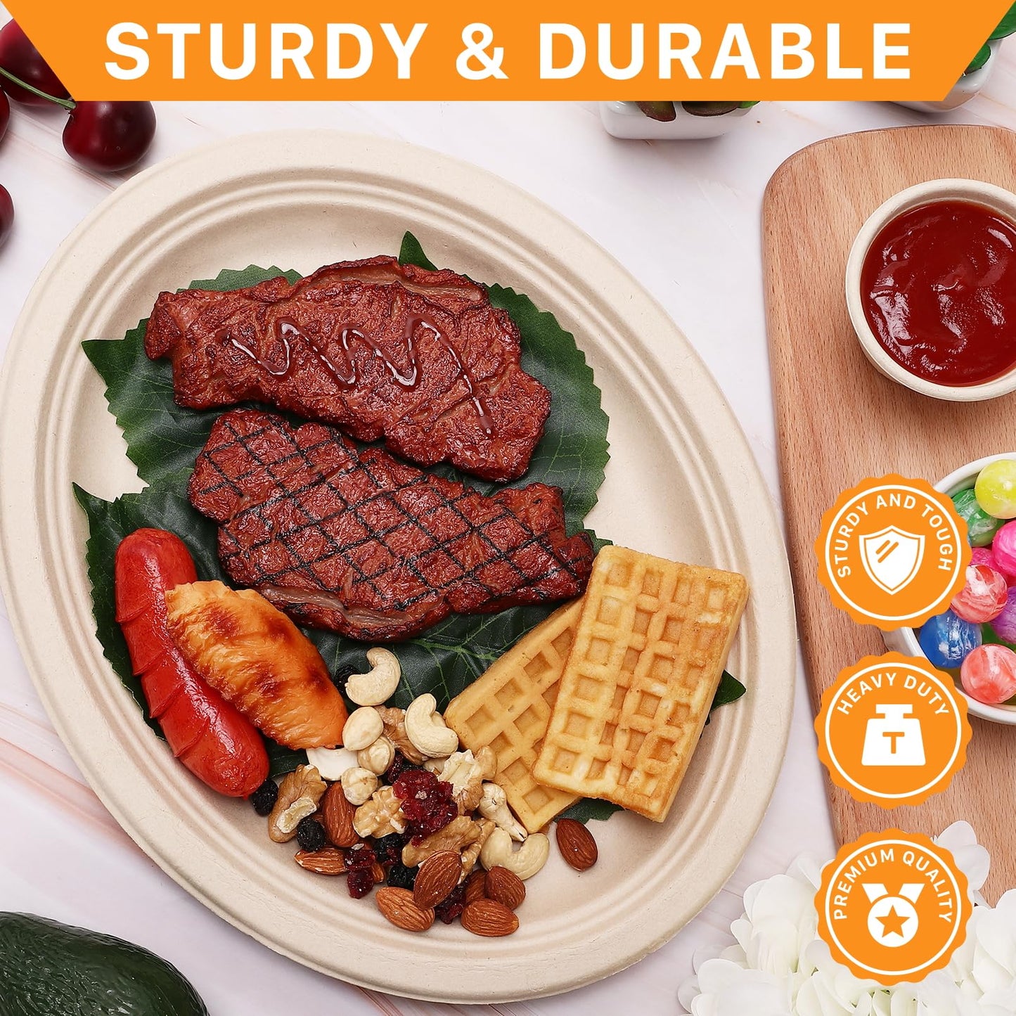 Enjamyo 50 Pack Oval Paper Plates,12 inch Paper Plates Heavy Duty,Compostable Natural Bagasse Unbleached Sugarcane Plate,Disposable Plate for BBQ
