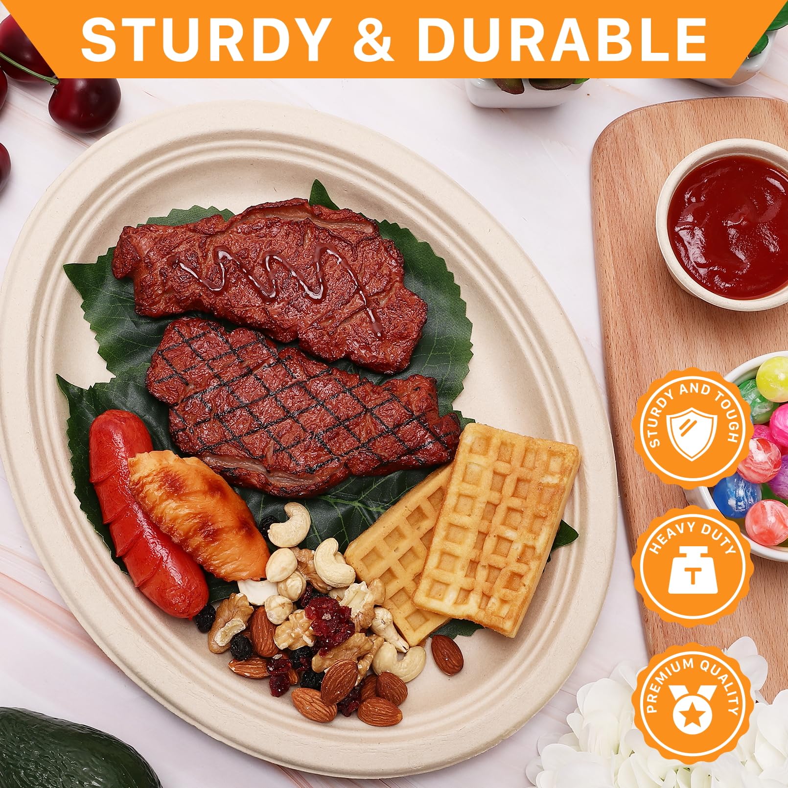 Enjamyo 50 Pack Oval Paper Plates,12 inch Paper Plates Heavy Duty,Compostable Natural Bagasse Unbleached Sugarcane Plate,Disposable Plate for BBQ