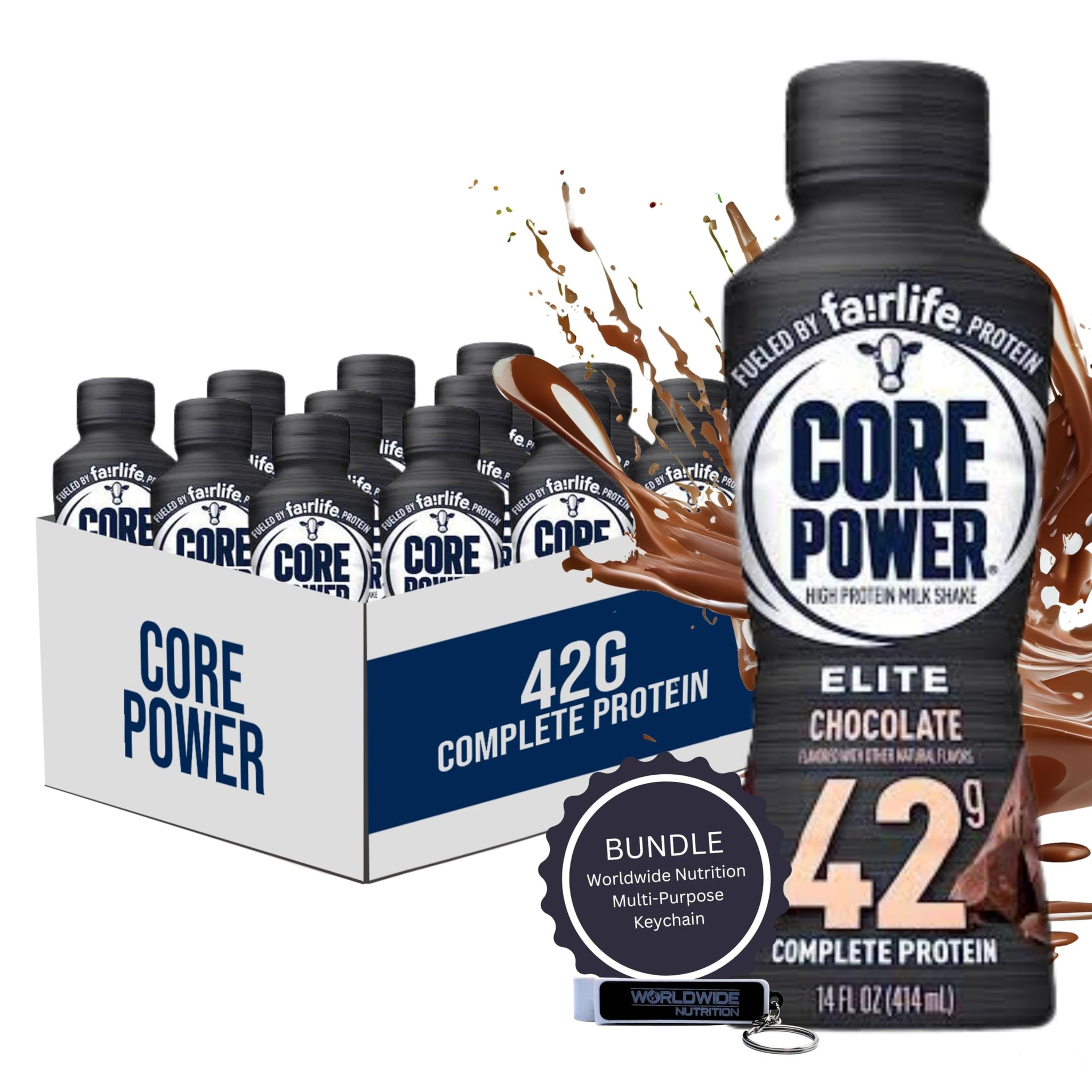 Worldwide Nutrition Bundle: Fairlife Core Power Elite 42g High Protein Milk Shake - Kosher, Chocolate Protein Shake for Workout Recovery - 14 Fl Oz