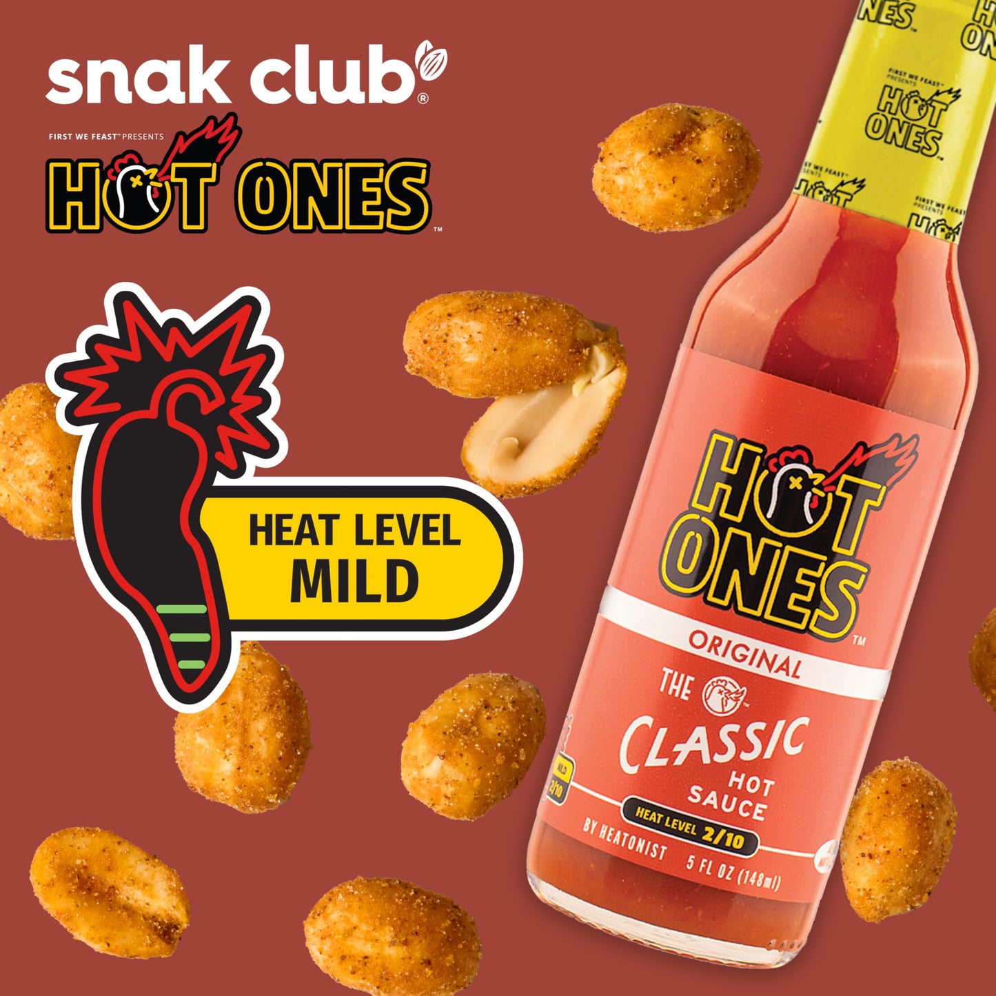 Snak Club x Hot Ones Honey Roasted Peanuts, Tangy Chili, Spicy Nuts, Inspired by Hot Ones, Vegan Snack, 14 oz Resealable Bag