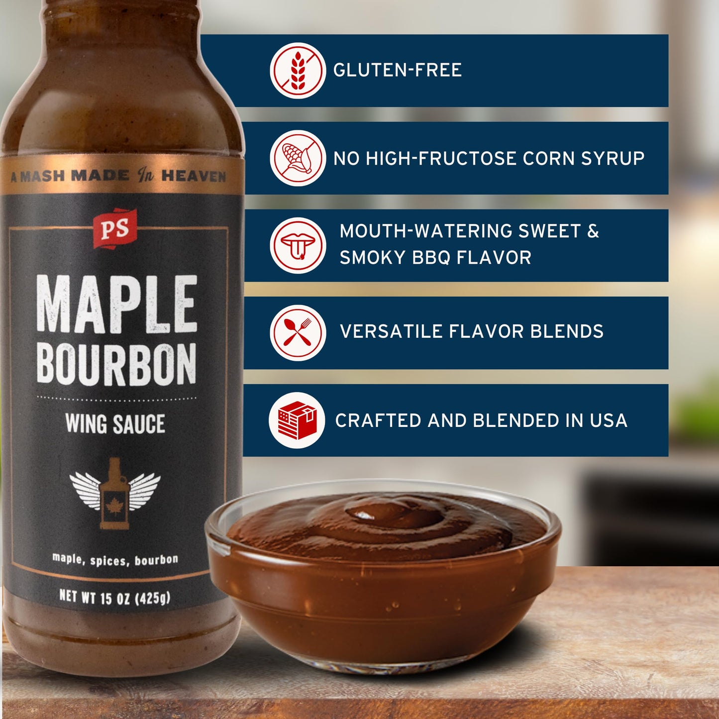 PS Seasoning Maple Bourbon Chicken Wing Sauce - Smoky and Tangy All-Purpose Wing Sauce for Dipping, Tossing, Glazing, Marinating - Great for Chicken