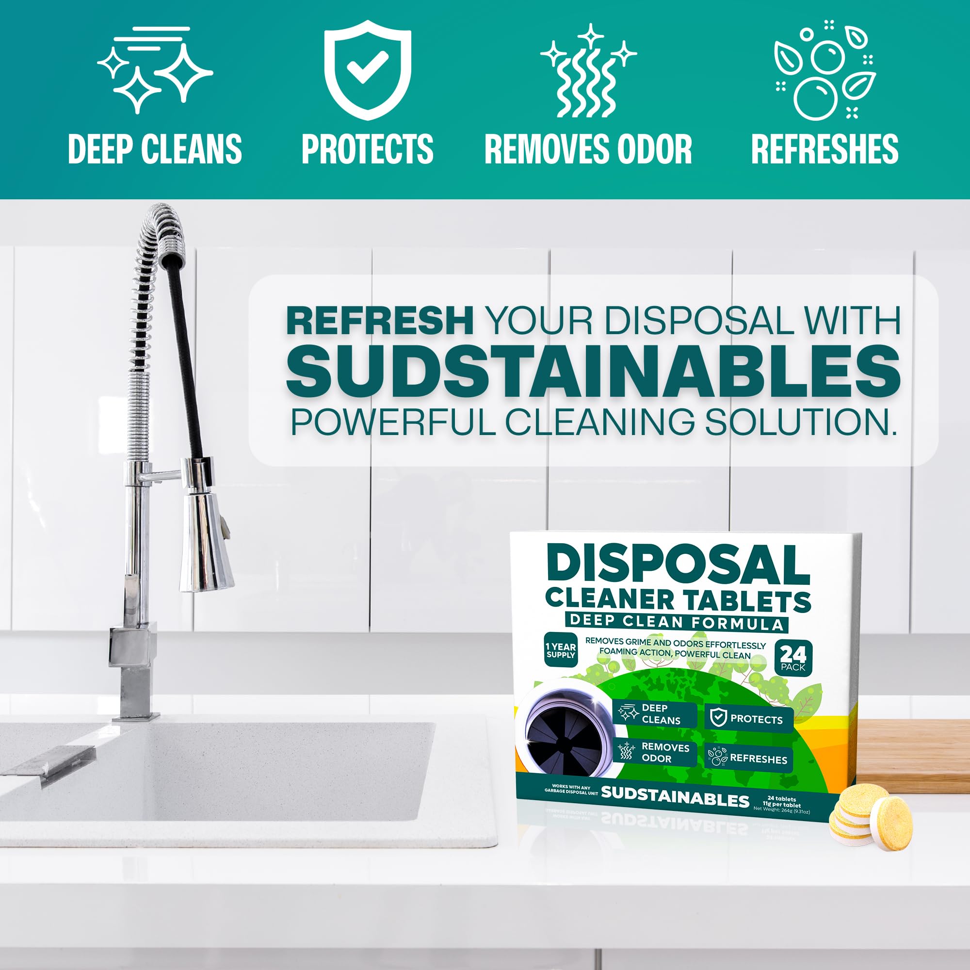 Sudstainables Garbage Disposal Cleaner Tablets 24-Pack - Sink Cleaner and Deodorizer, Disposal Cleaner and Deodorizer, Garbage Disposal Cleaner