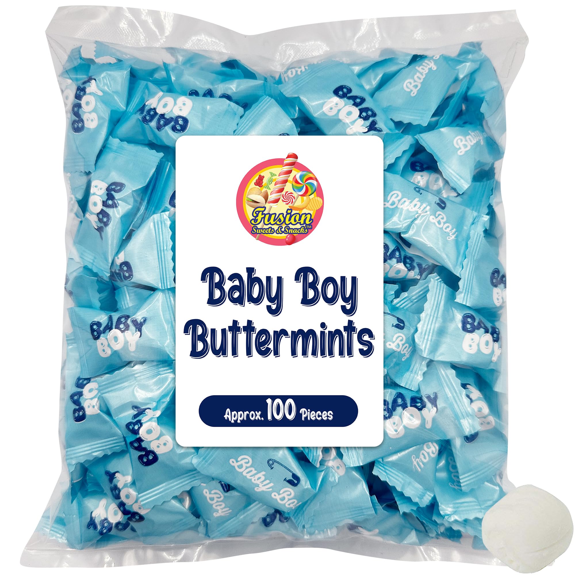 Baby Boy Buttermints - 100 Count - Baby Shower Blue Butter Mints Individually Wrapped - Baby Shower Candy - Perfect For Gender Reveal Parties
