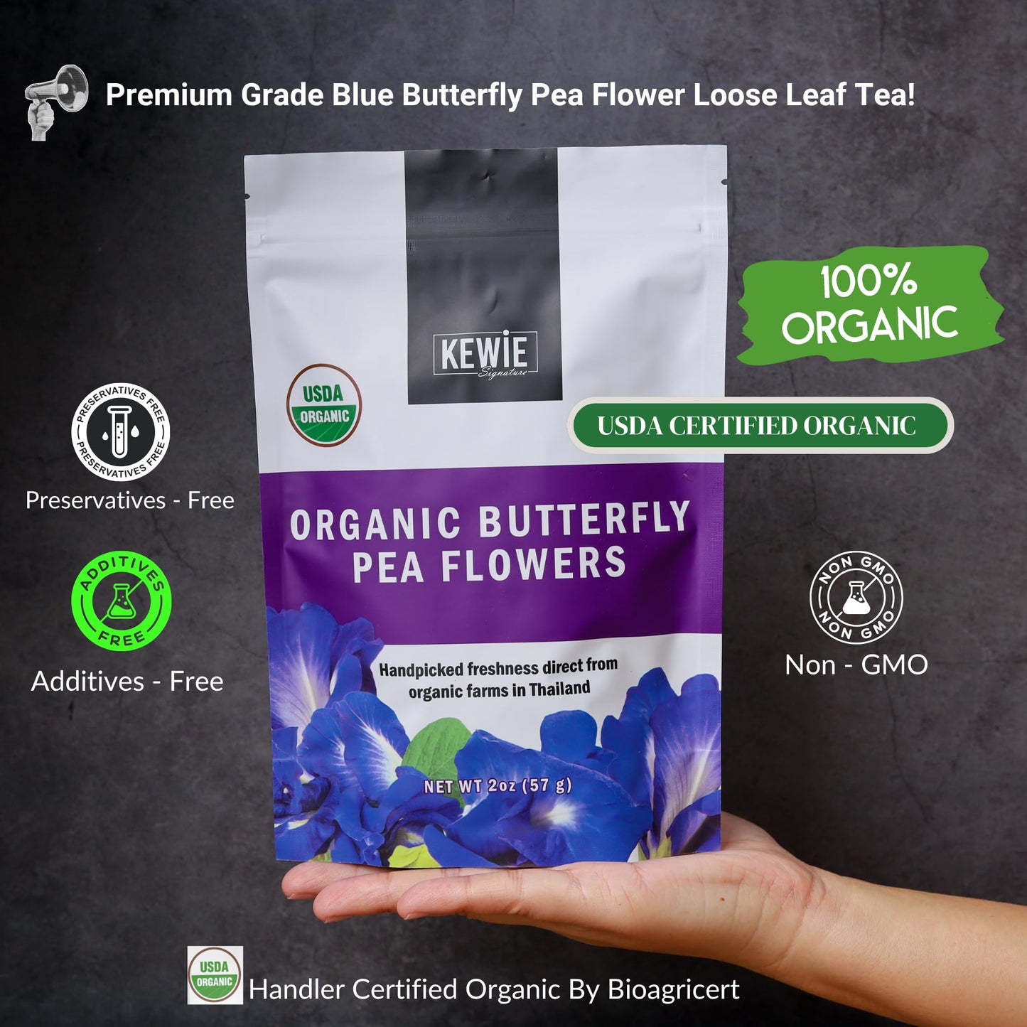 KEWIE Signature Butterfly Pea Flower Tea - 2oz Premium-Grade Blue Butterfly Pea Flower Organic Loose Leaf Tea - Caffeine-Free, USDA Organic - Natural