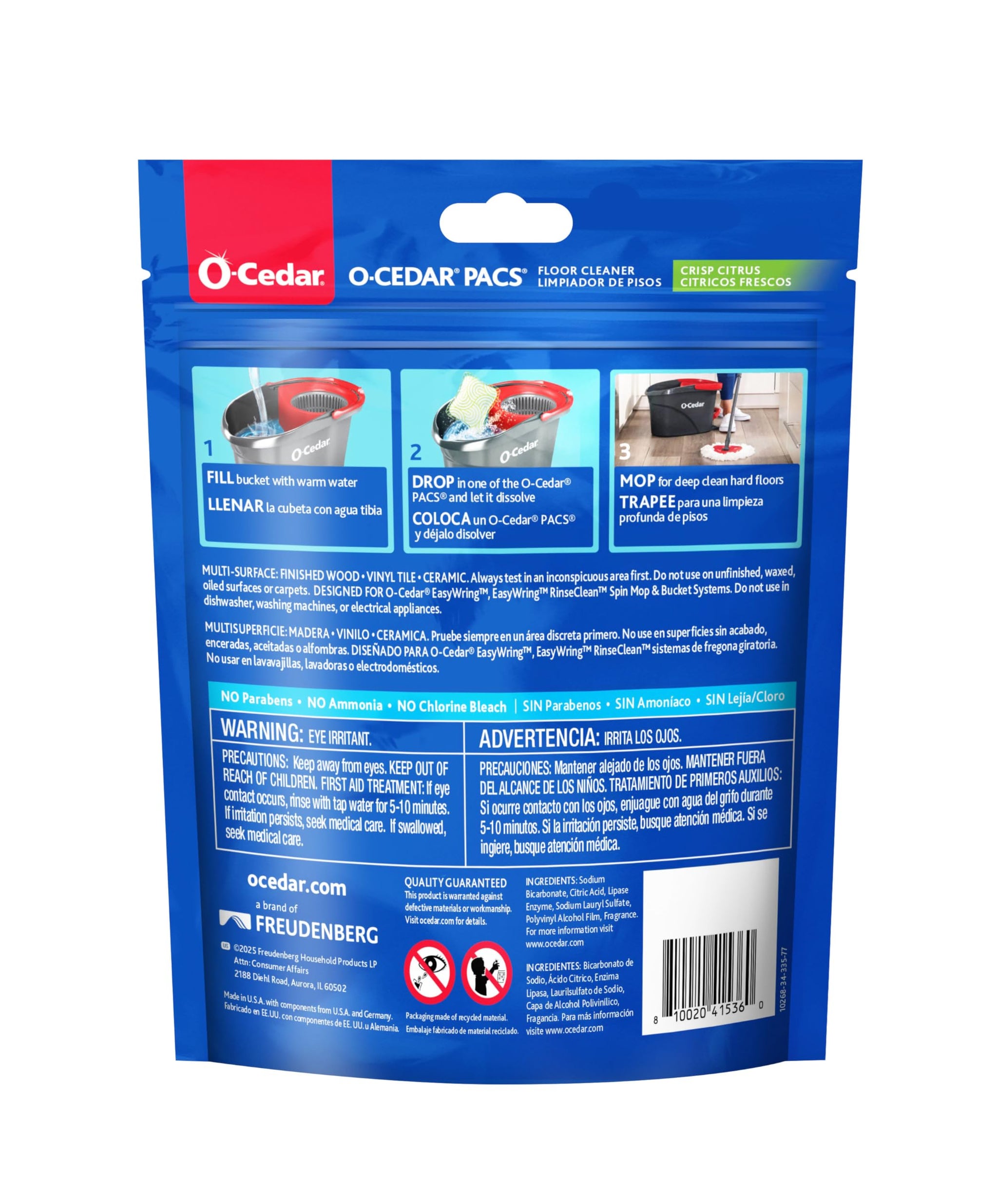 O-Cedar PACS Hard Floor Cleaner, Crisp Citrus Scent 24 Count (1-Pack) | Made with Naturally-Derived Ingredients | Safe to Use on All Hard Floors |