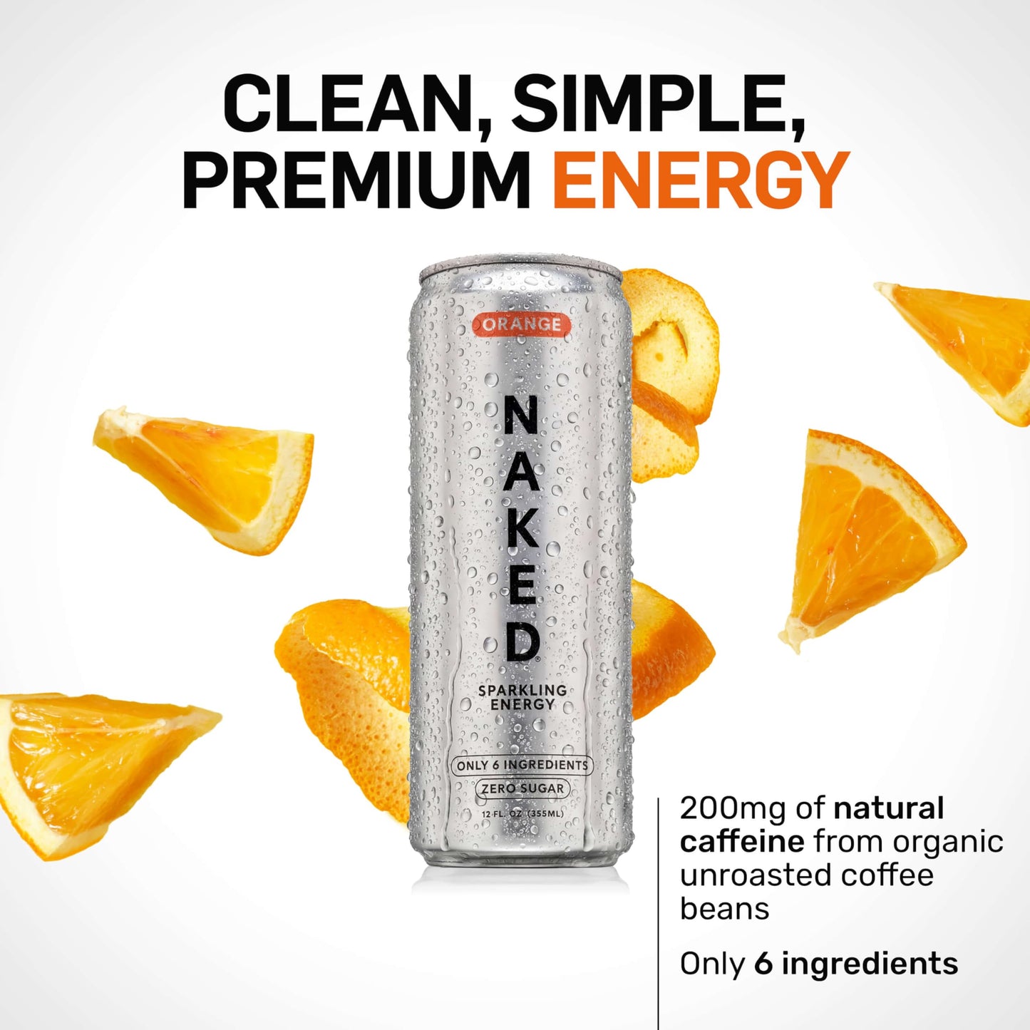 Naked Sparkling Energy Drink - Orange, Organic Caffeine, Organic Lemon Juice, Zero Sugar, No Sucralose, Naturally Sweetened, Clean Energy Drinks