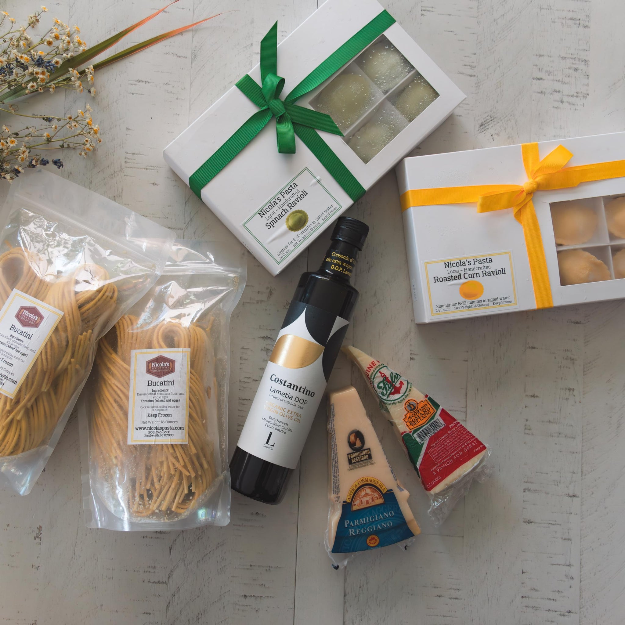 Authentic Cacio e Pepe Bundle with Roasted Corn Ravioli, Handmade Bucatini, DOP Pecorino Romano & Parmigiano Reggiano, DOP Extra Virgin Olive Oil