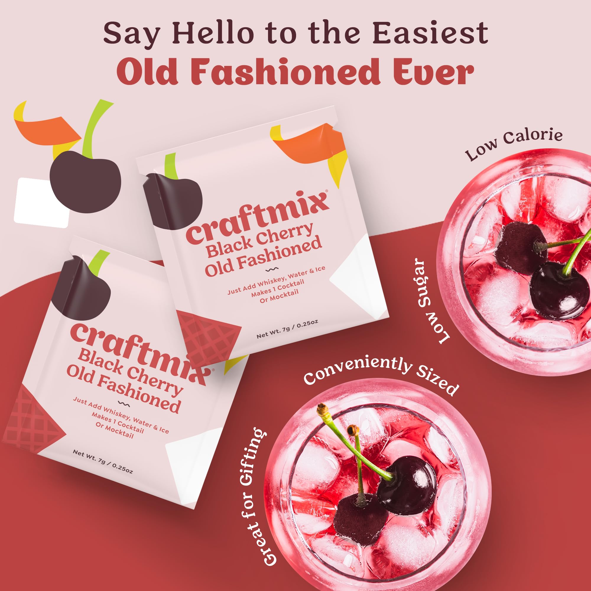 Craftmix Black Cherry Old Fashioned Cocktail & Mocktail Drink Mixer, Skinny Mixes - Water Flavoring Packets Made With Real Fruit - Vegan, Low-Carb