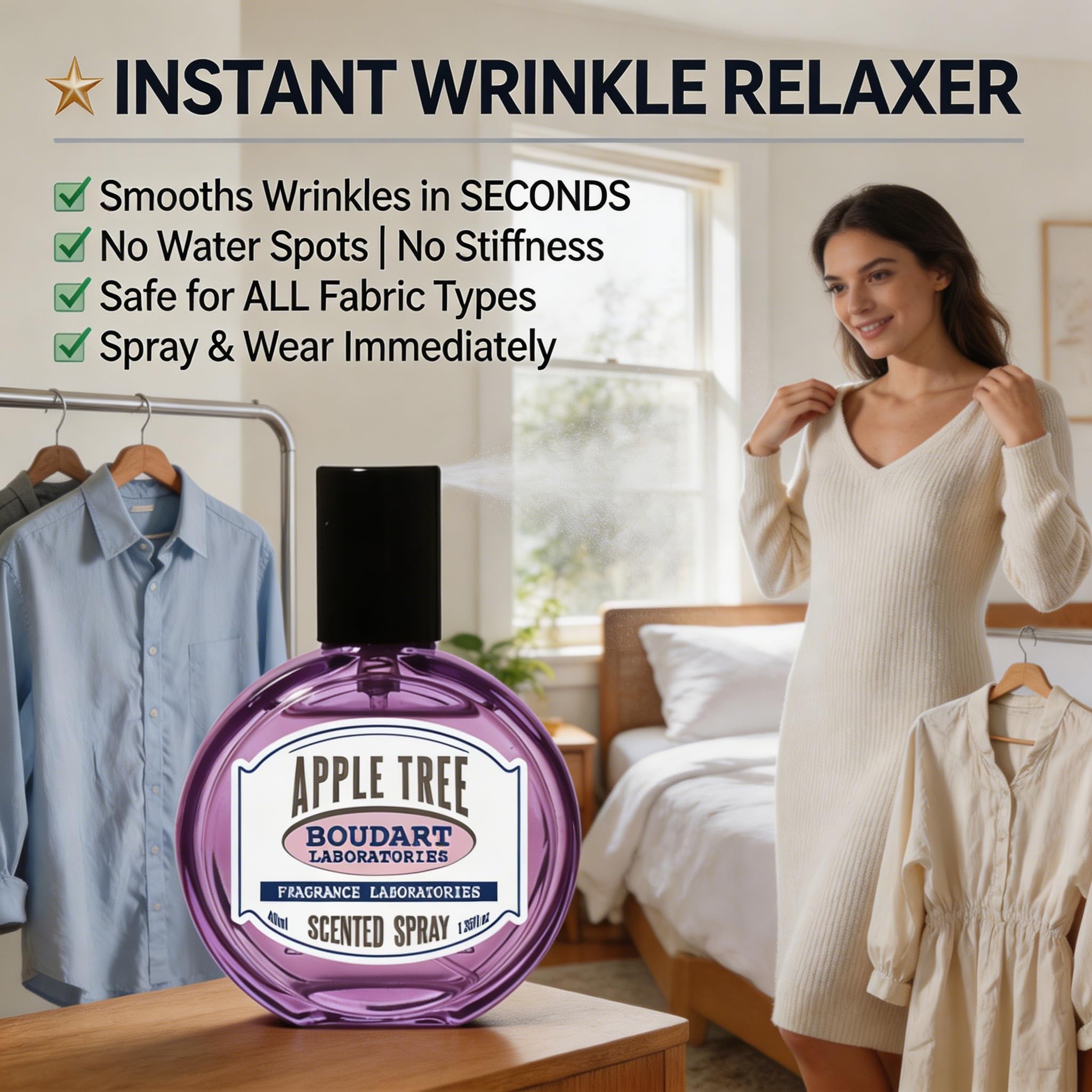Travel Wrinkle Release Spray by BOUDART LABORATORIES - 40ml TSA Approved Fabric Deodorizer Spray & Wrinkle Releaser for Clothes, Couch - Portable Odor