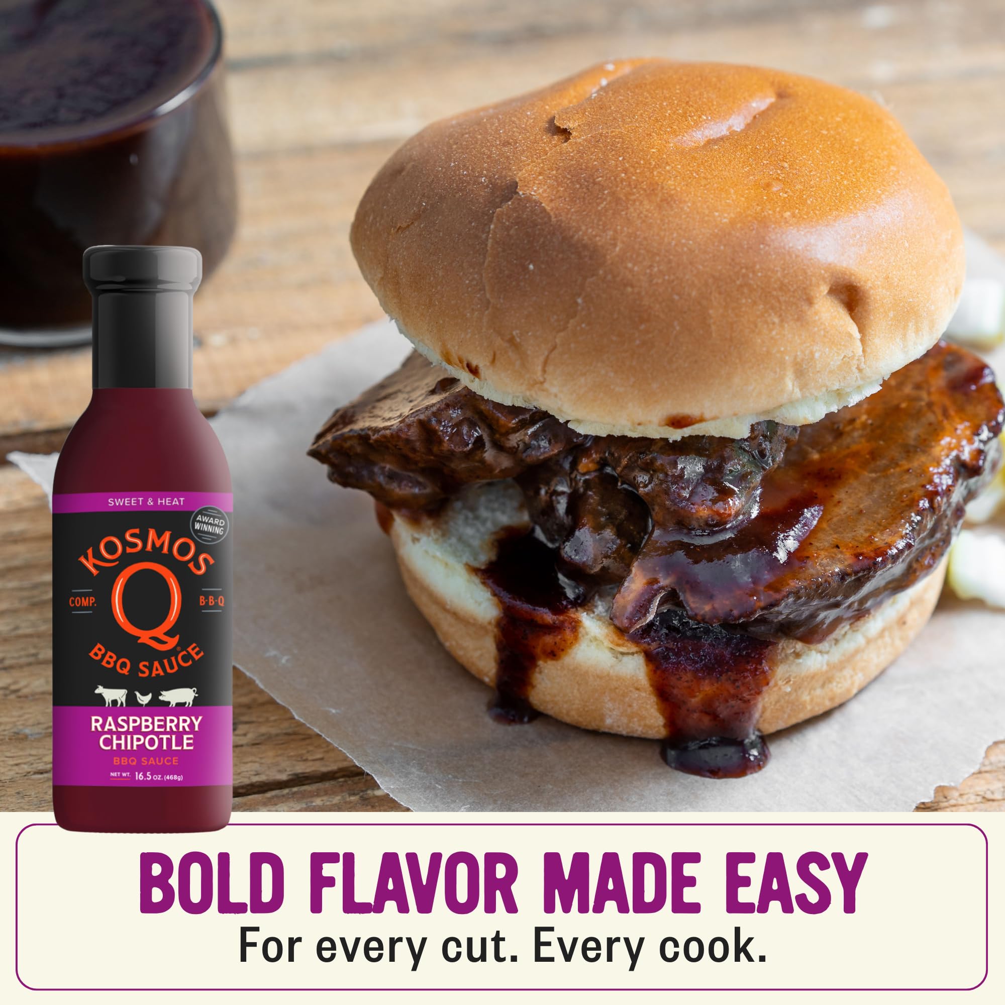 Kosmos Q Raspberry Chipotle BBQ Sauce, Sweet & Spicy BBQ Sauce with Real Raspberries & Chipotle Peppers, Bold Barbecue Sauce for Pork, Chicken
