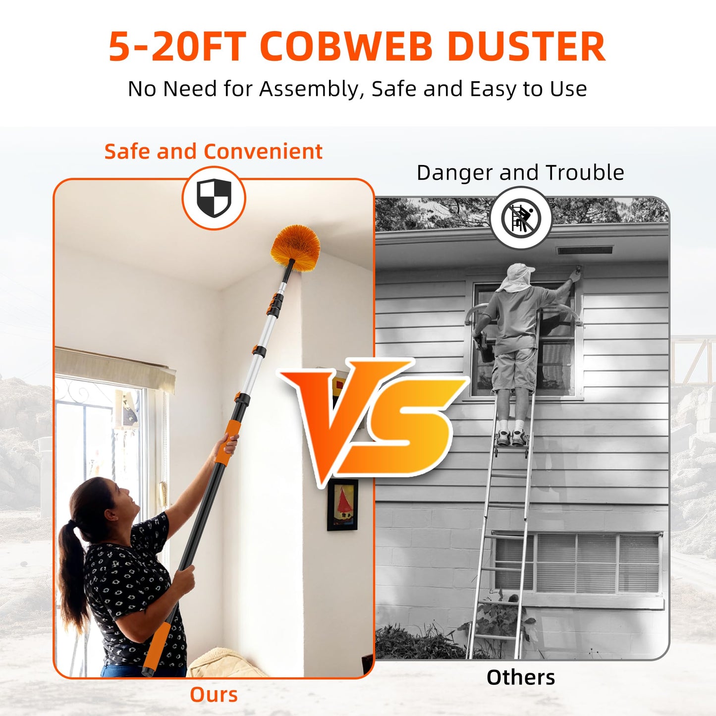 TONYINGO 26 FT Reach Cobweb Duster with 5-20FT Telescoping Pole, Dual Action Flip-Lock & Screw Fixing Design, Washable Reusable Duster for High
