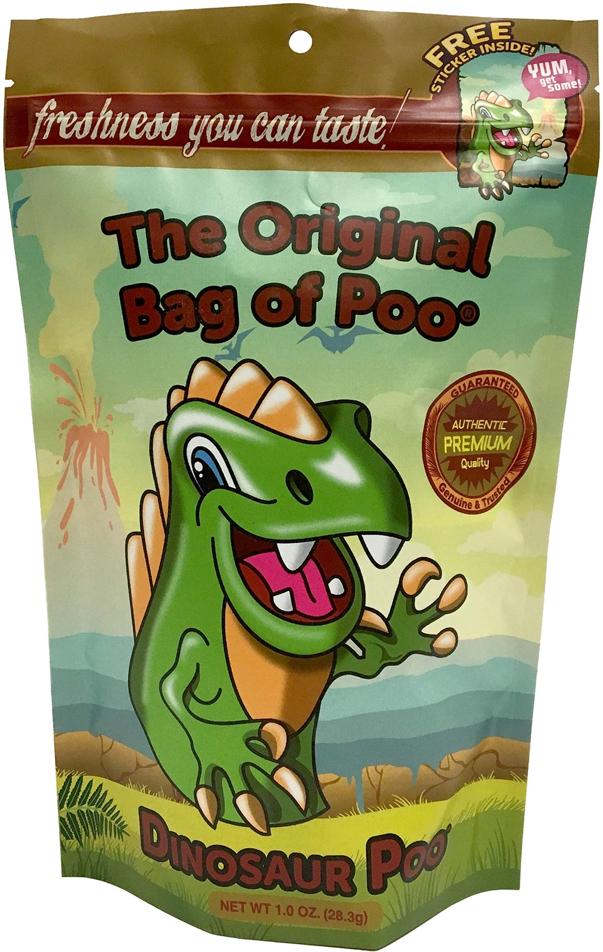 The Original Bag of Poo®, Dinosaur Poo (Green Apple Flavor Cotton Candy) Novelty Poop Gag Gift. Free sticker inside.