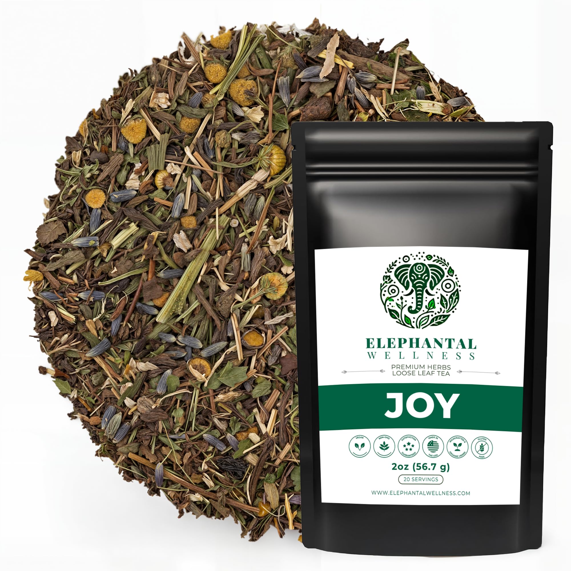 Elephantal Wellness Premium Joy Herbal Tea | Mood & Emotional Balance Support with St. John’s Wort, Kava, Ginkgo & Lavender | Handmade, Non-GMO