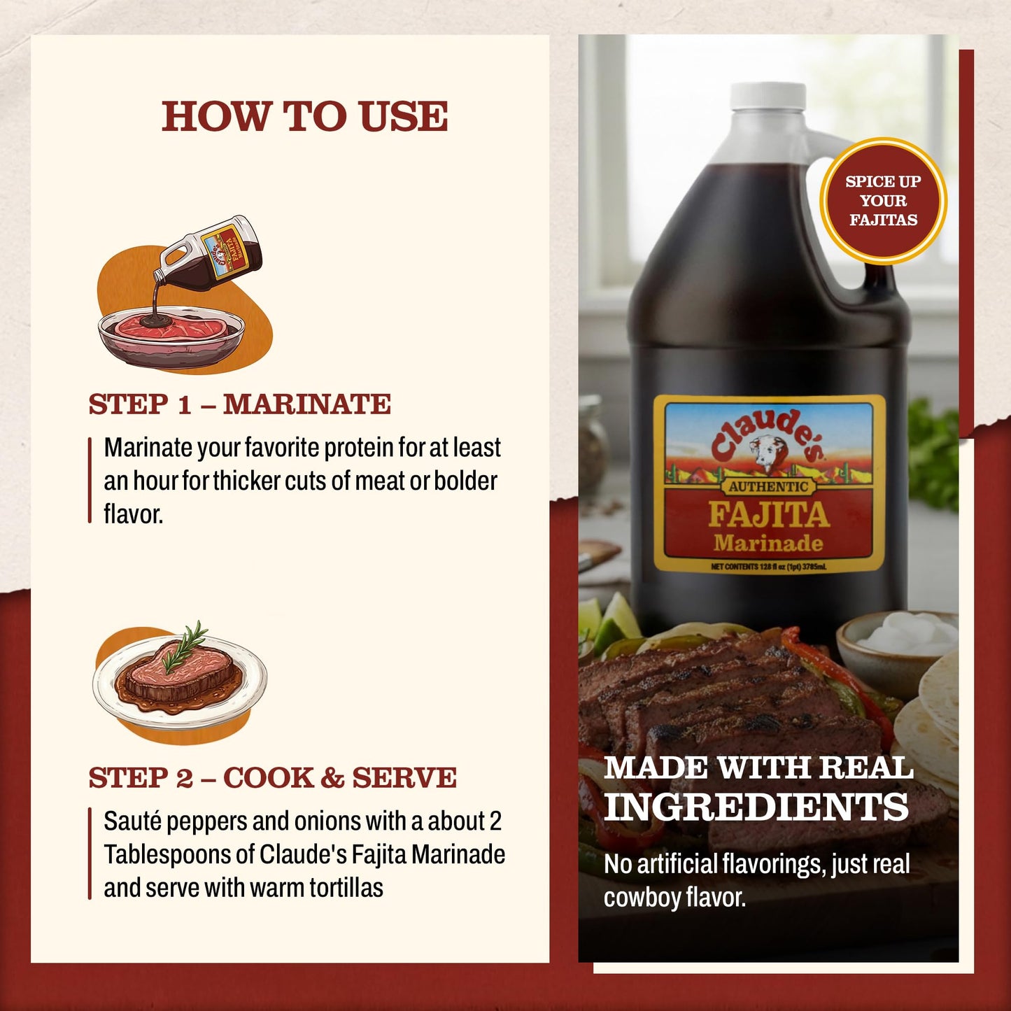 Claude's Fajita Marinade, Gluten Free Hickory Smoke Sauce, 128 oz