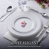 Dinner and Dessert Plates Set Disposable - 200 Pieces (10" + 7") Elegant White and Silver Plastic Plates for Party and Wedding - Heavy Duty