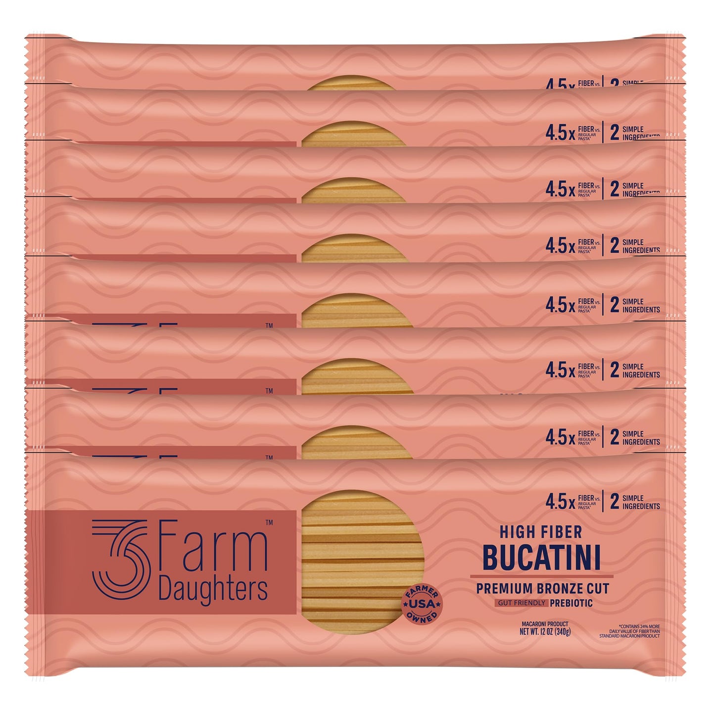 Three Farm Daughters High Fiber Pasta Bucatini Pack, Irresistible, Low GI, Non GMO Bucatini Pasta Noodles, Low Net Carb, Made in the USA from Just 2