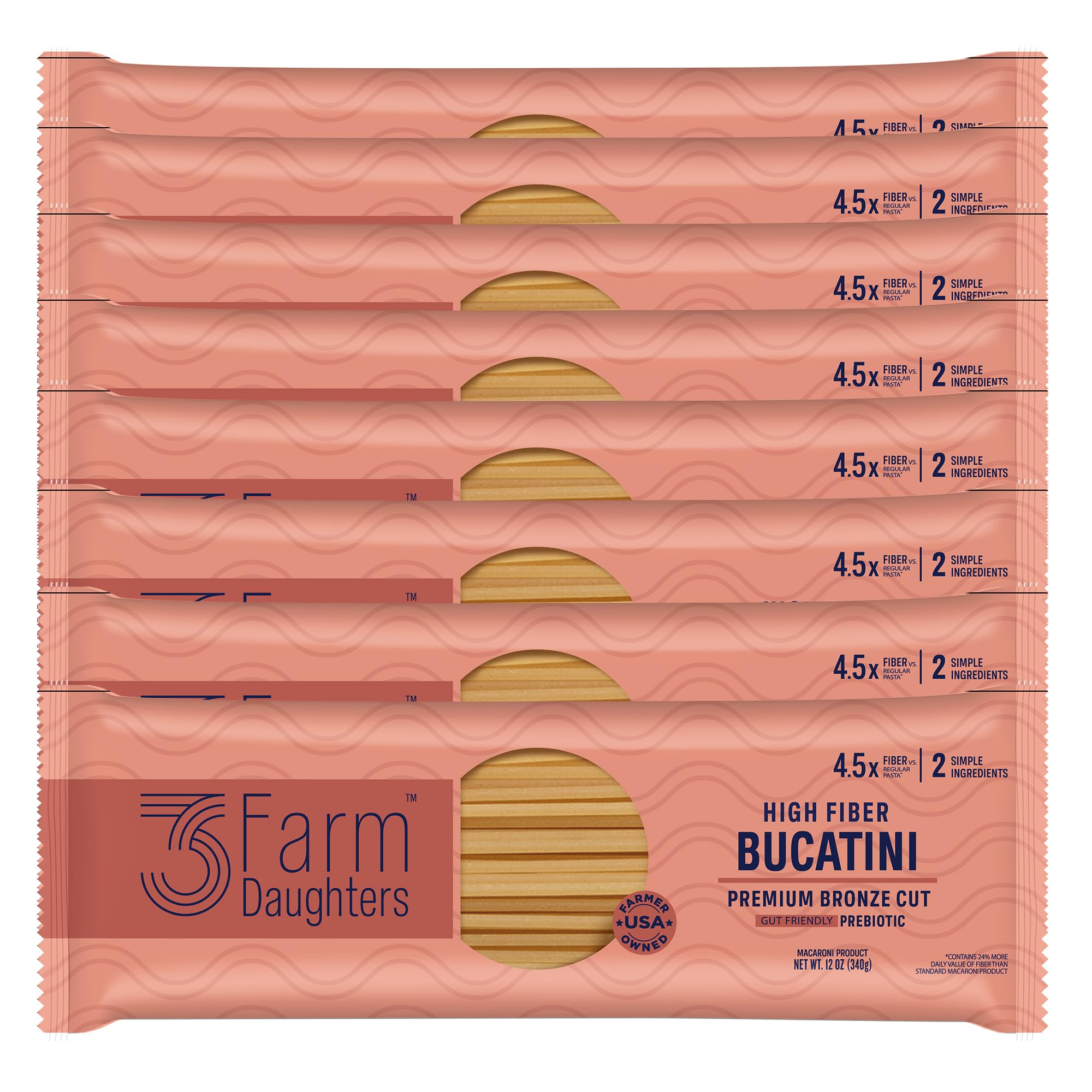 Three Farm Daughters High Fiber Pasta Bucatini Pack, Irresistible, Low GI, Non GMO Bucatini Pasta Noodles, Low Net Carb, Made in the USA from Just 2