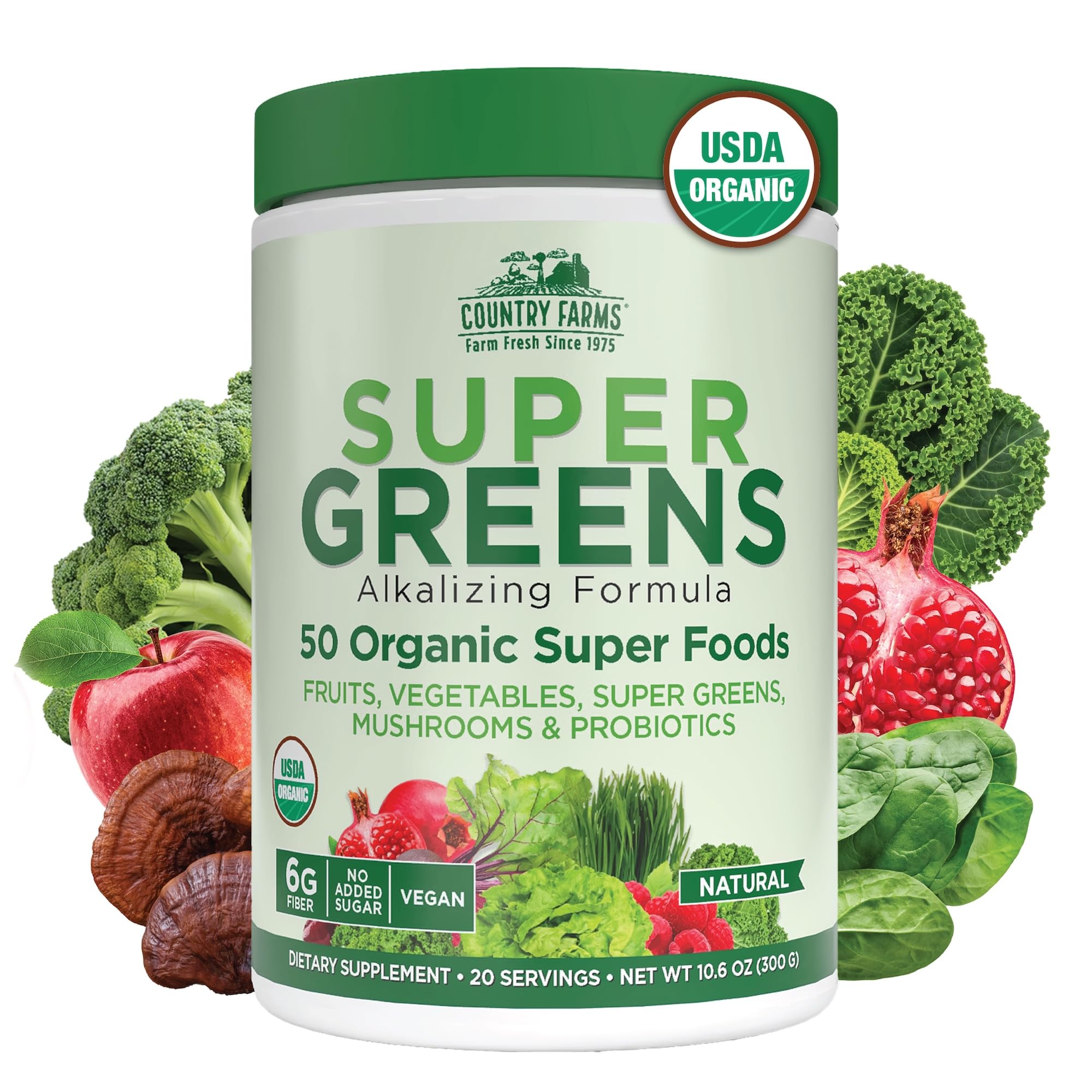 Country Farms Super Greens Natural Flavor, 50 Organic Super Foods, USDA Organic Drink Mix, Fruits, Vegetables, Super Greens, Mushrooms & Probiotics