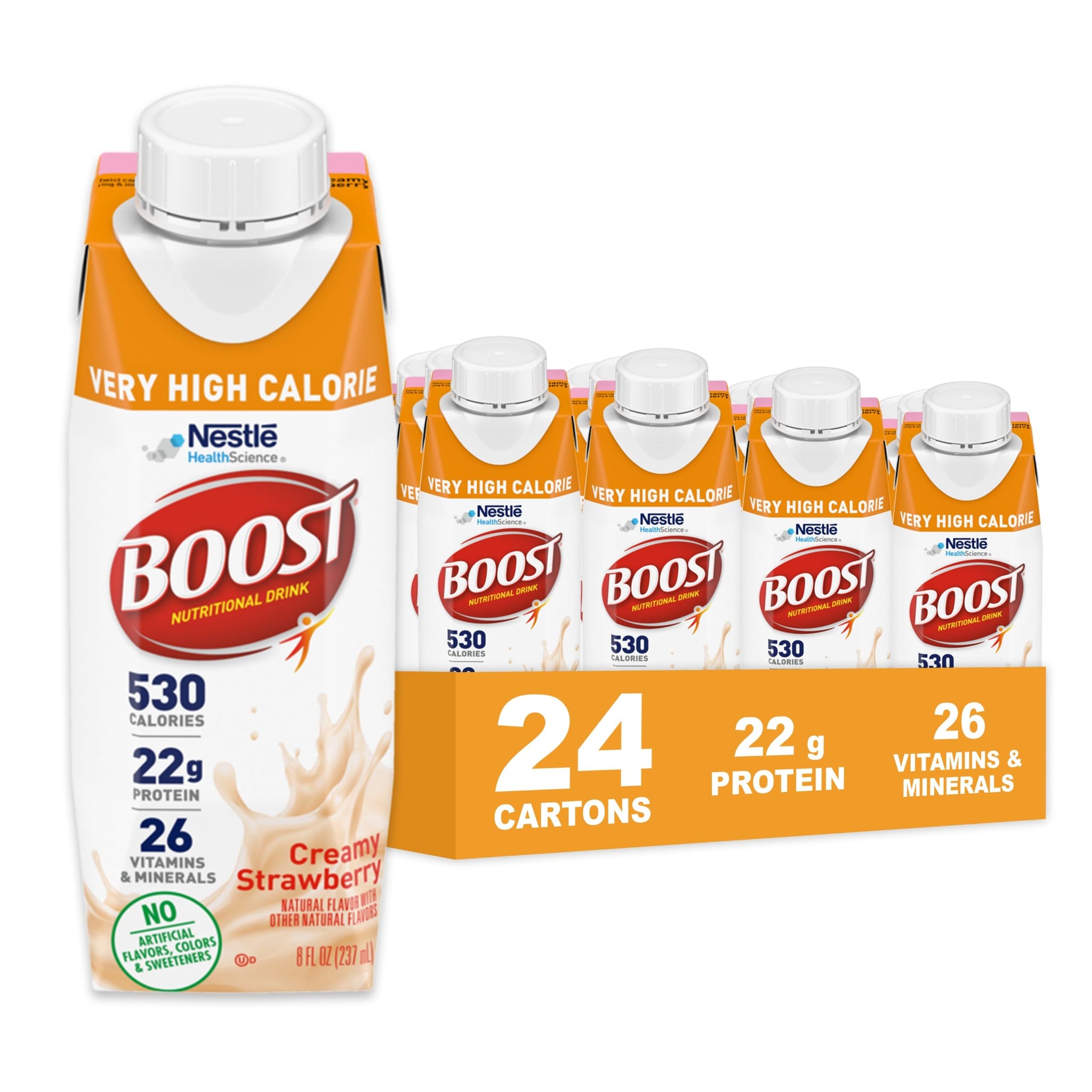 BOOST Very High Calorie Nutritional Drink, Supports Weight Gain & Maintenance, 22 g Protein, Creamy Strawberry, 8 fl oz (Pack of 24)