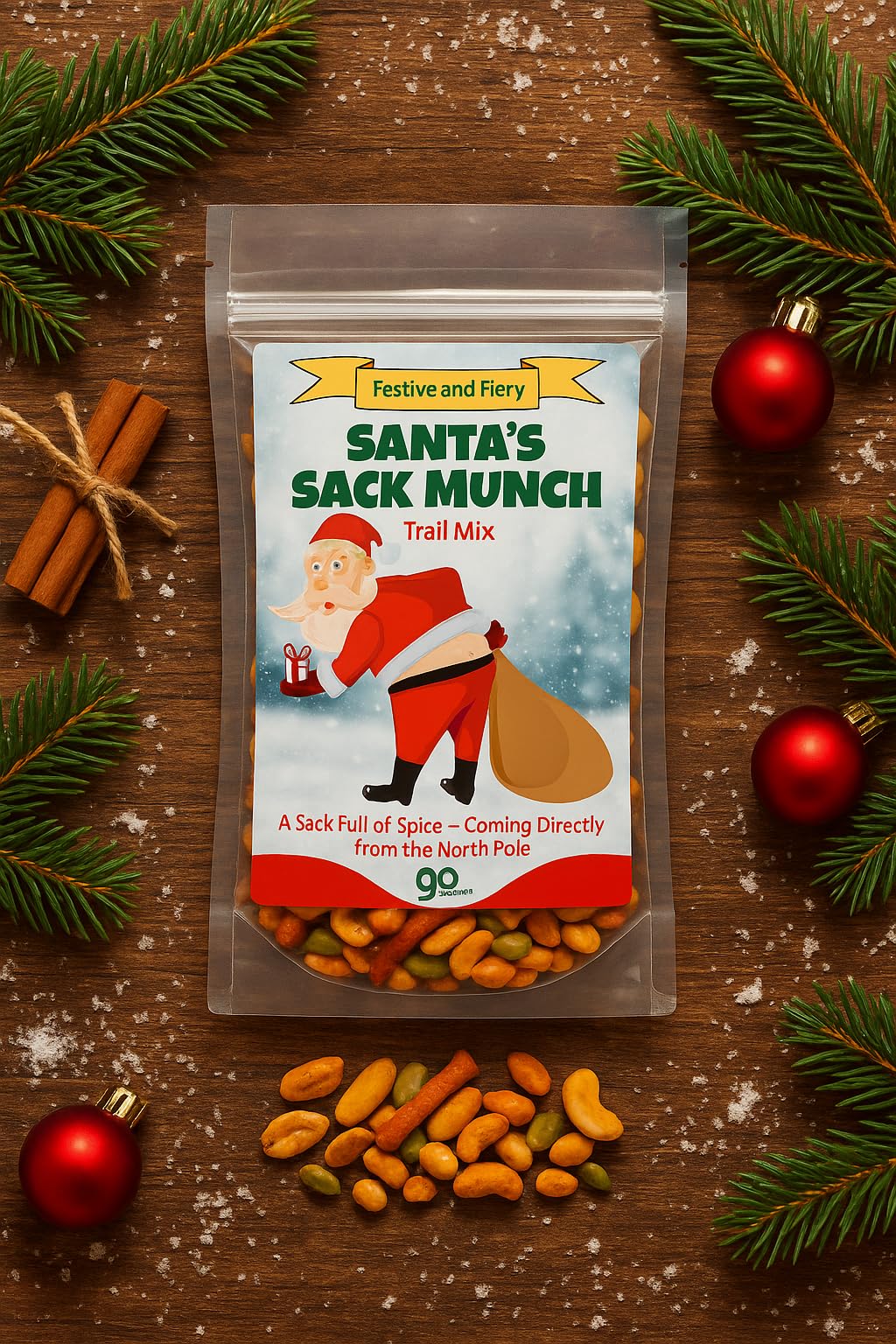 Santa's Sack Munch Spicy Trail Mix - Funny mooning Santa Claus design - Edible gifts for Men - Spicy mix, Made in the USA