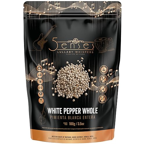5Senses Malabar Whole White Pepper | Pimienta Blanca | Lullaby Whispers | 100% Natural, Non-GMO, Fairtrade Whole Spices, Gourmet Spice, Kosher
