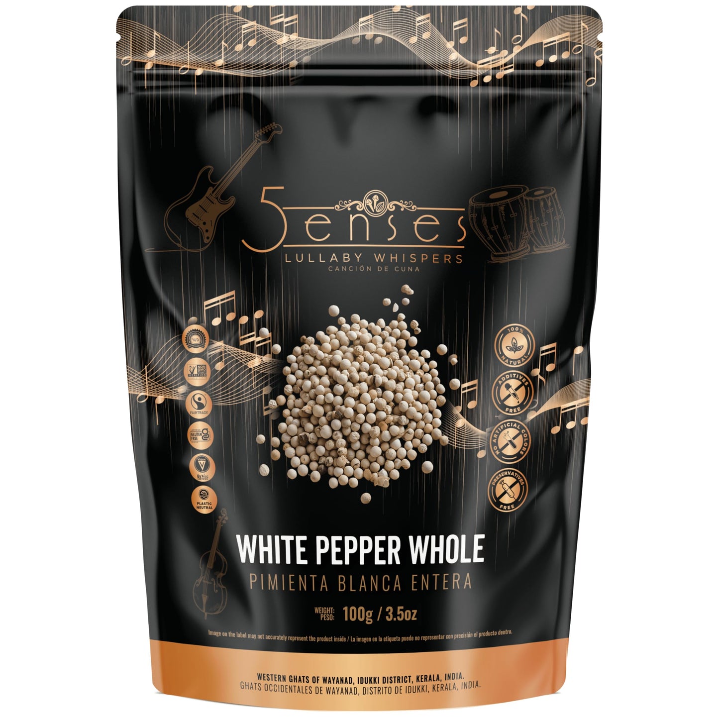 5Senses Malabar Whole White Pepper | Pimienta Blanca | Lullaby Whispers | 100% Natural, Non-GMO, Fairtrade Whole Spices, Gourmet Spice, Kosher