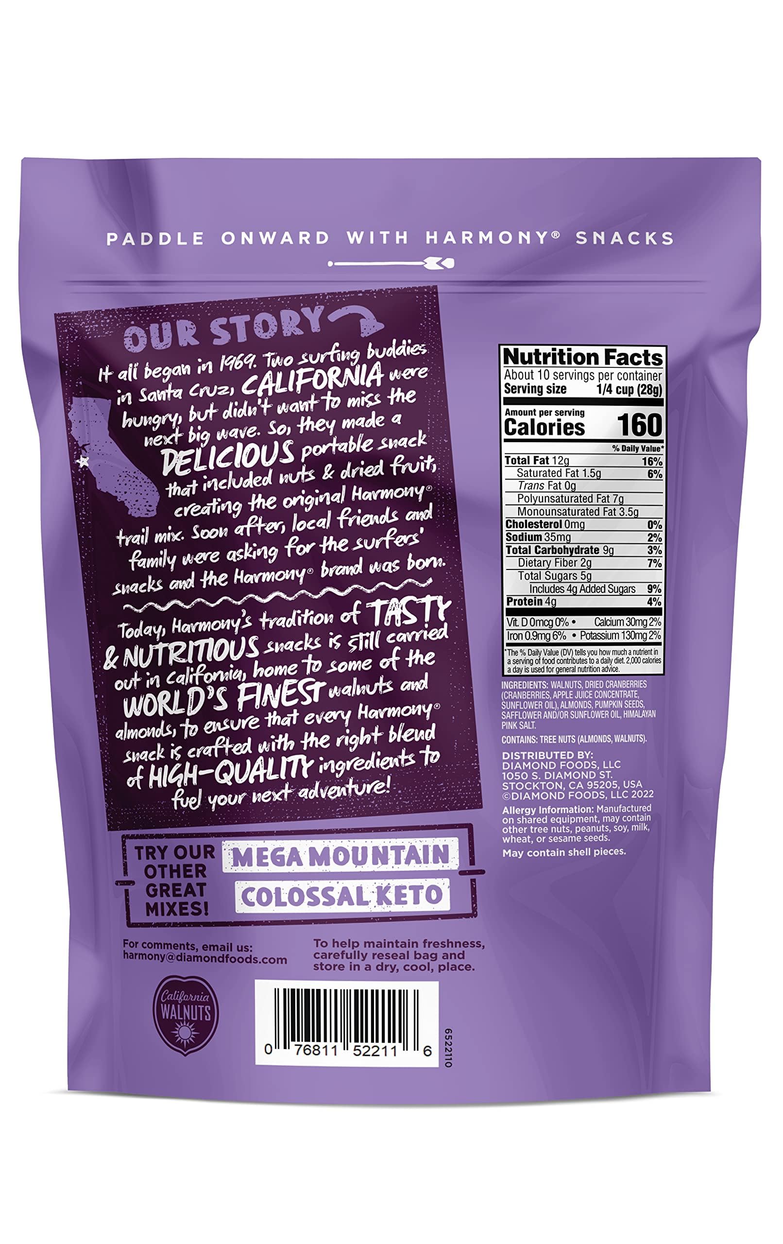 Diamond of California Harmony Amped Omega-3 Trail Mix with Mixed Nuts, Dried Fruit, Diamond of California Himalayan Pink Salt Walnuts, and Seeds, 10
