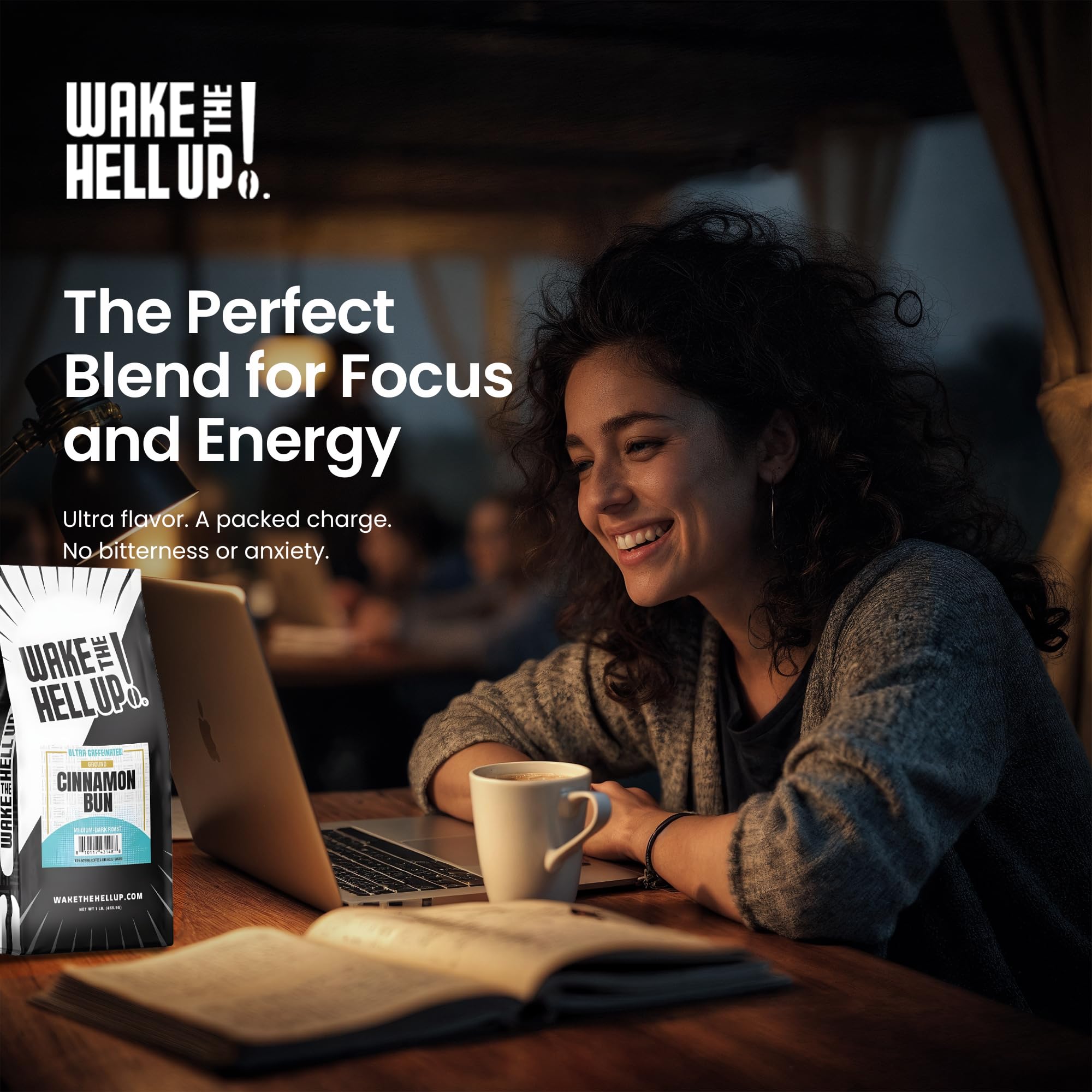Wake The Hell Up! 1lb Ultra-Caffeinated Cinnamon Bun Ground Coffee, Low Acid, Medium-Dark Roast