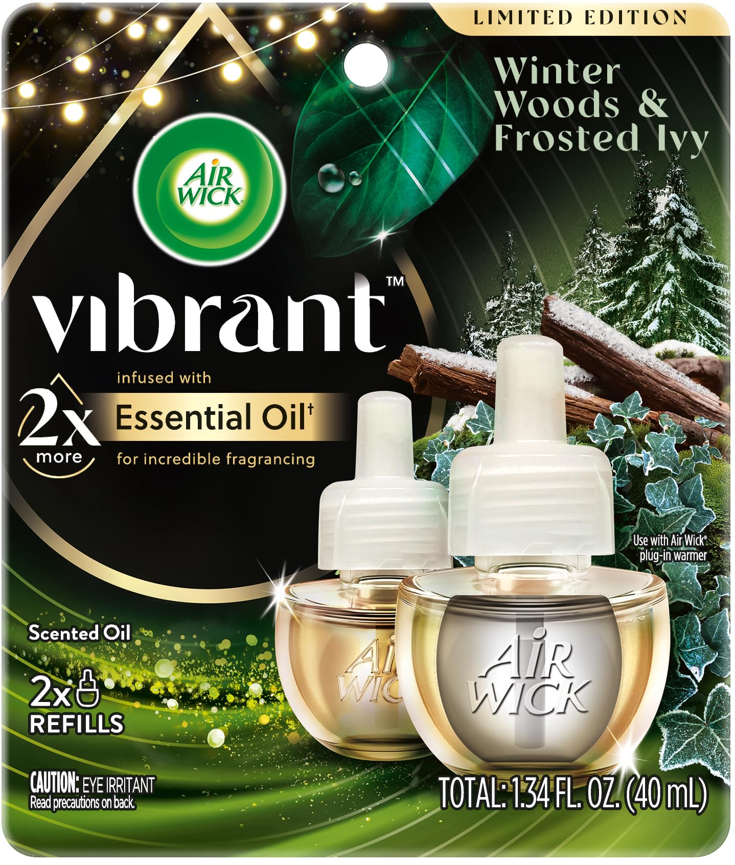 Air Wick Vibrant Plug in Scented Oil Refill, 2ct, Winter Woods & Frosted Ivy, Air Freshener, Essential Oils