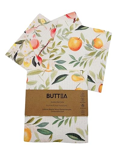BUTTEA Swedish Dish Cloths, Eco-Sustainable Cellulose Kitchen Towels, Reusable Washable Citrus Pattern, Super Absorbent Biodegradable Cleaning Cloths