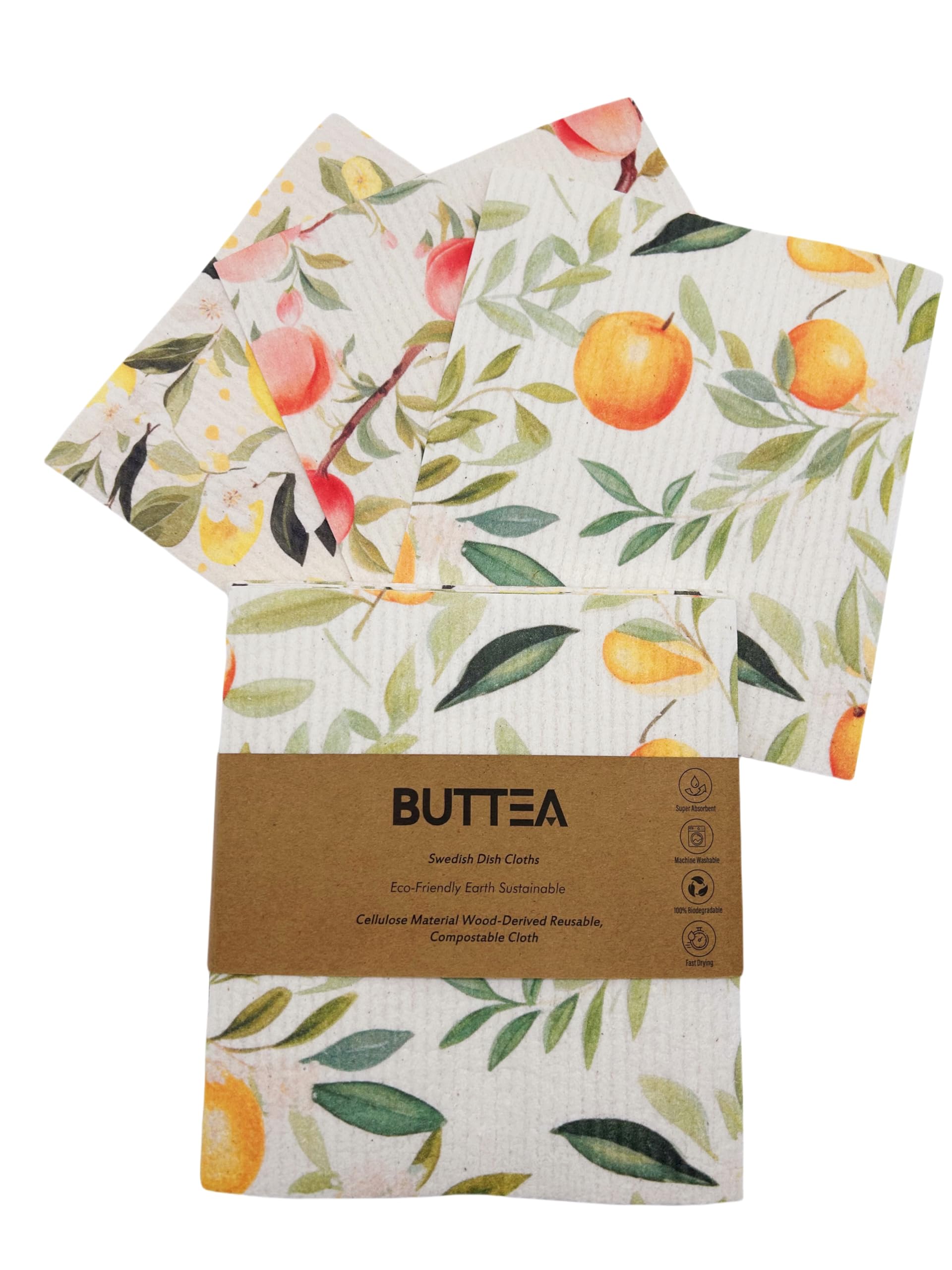 BUTTEA Swedish Dish Cloths, Eco-Sustainable Cellulose Kitchen Towels, Reusable Washable Citrus Pattern, Super Absorbent Biodegradable Cleaning Cloths