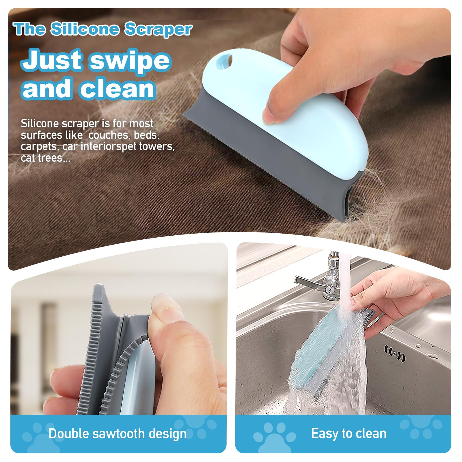 Pet Hair Removal Tool: 6 Pcs Dog Cat Hair Remover - Reusable Pet Hair Remover with Laundry Pet Hair Catcher - Portable Carpet Rake Scraper Fur Removal