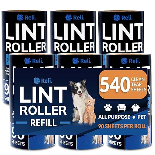 Reli. Lint Rollers for Pet Hair Extra Sticky, 540 Sheets Total [Refills] | Dog & Cat Hair Remover | 6 Refill Rolls, 90 Sheets Per Roll | Lint Remover