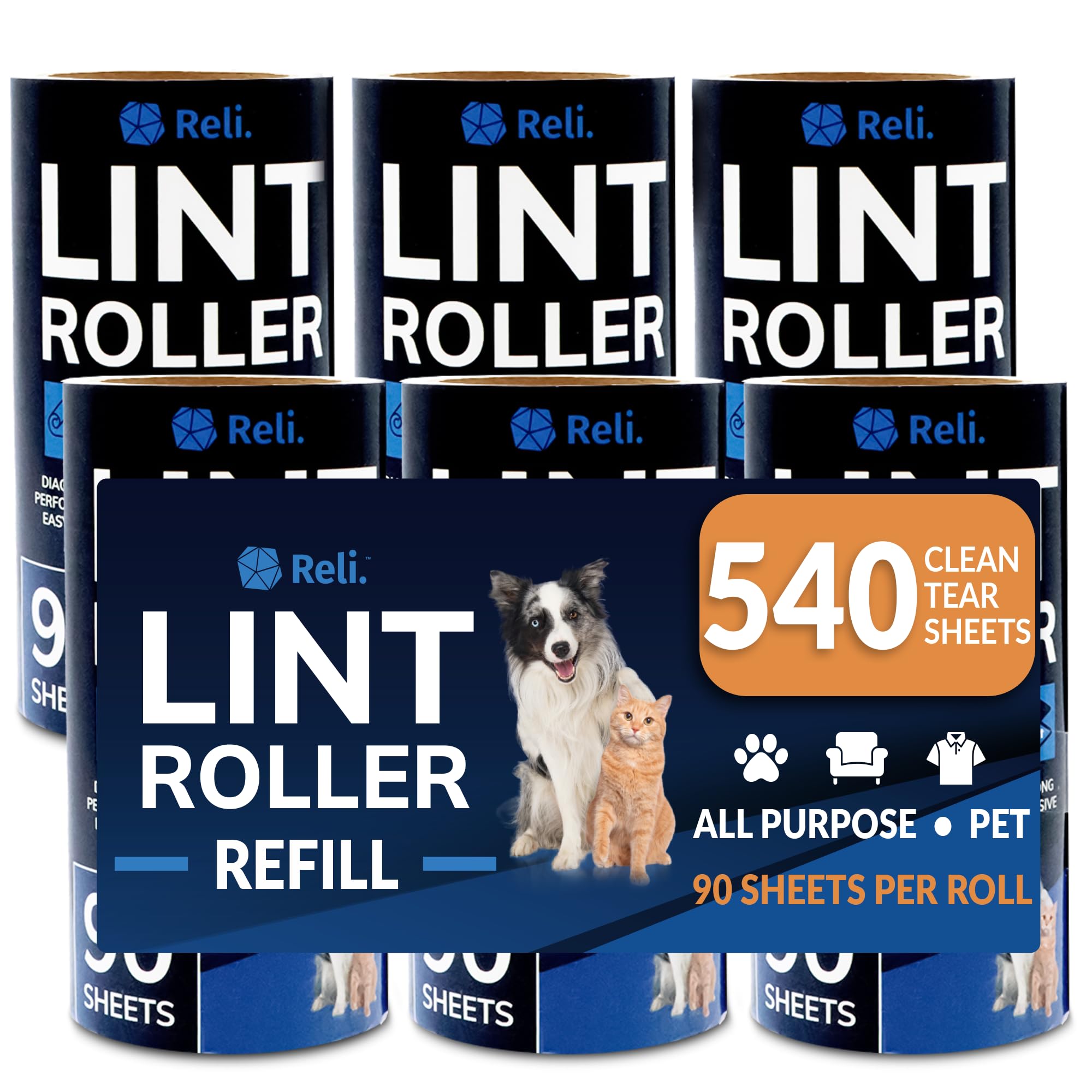 Reli. Lint Rollers for Pet Hair Extra Sticky, 540 Sheets Total [Refills] | Dog & Cat Hair Remover | 6 Refill Rolls, 90 Sheets Per Roll | Lint Remover