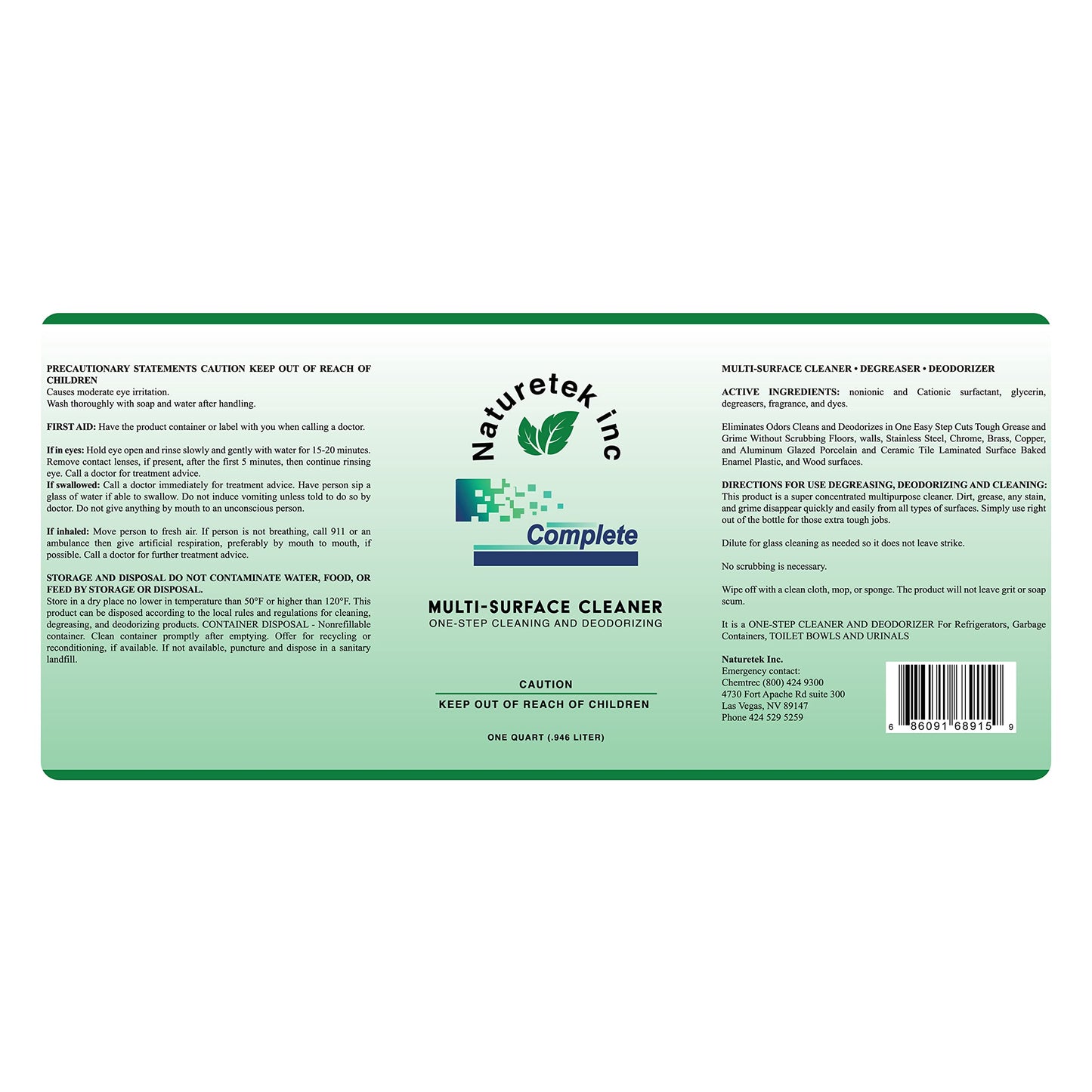 Naturetek Multi-Surface Cleaner, Complete Degreaser, and Deodorizer, All-Purpose Cleaning for Toilets, Bathtubs, Floors, and Walls, Fast Acting, No