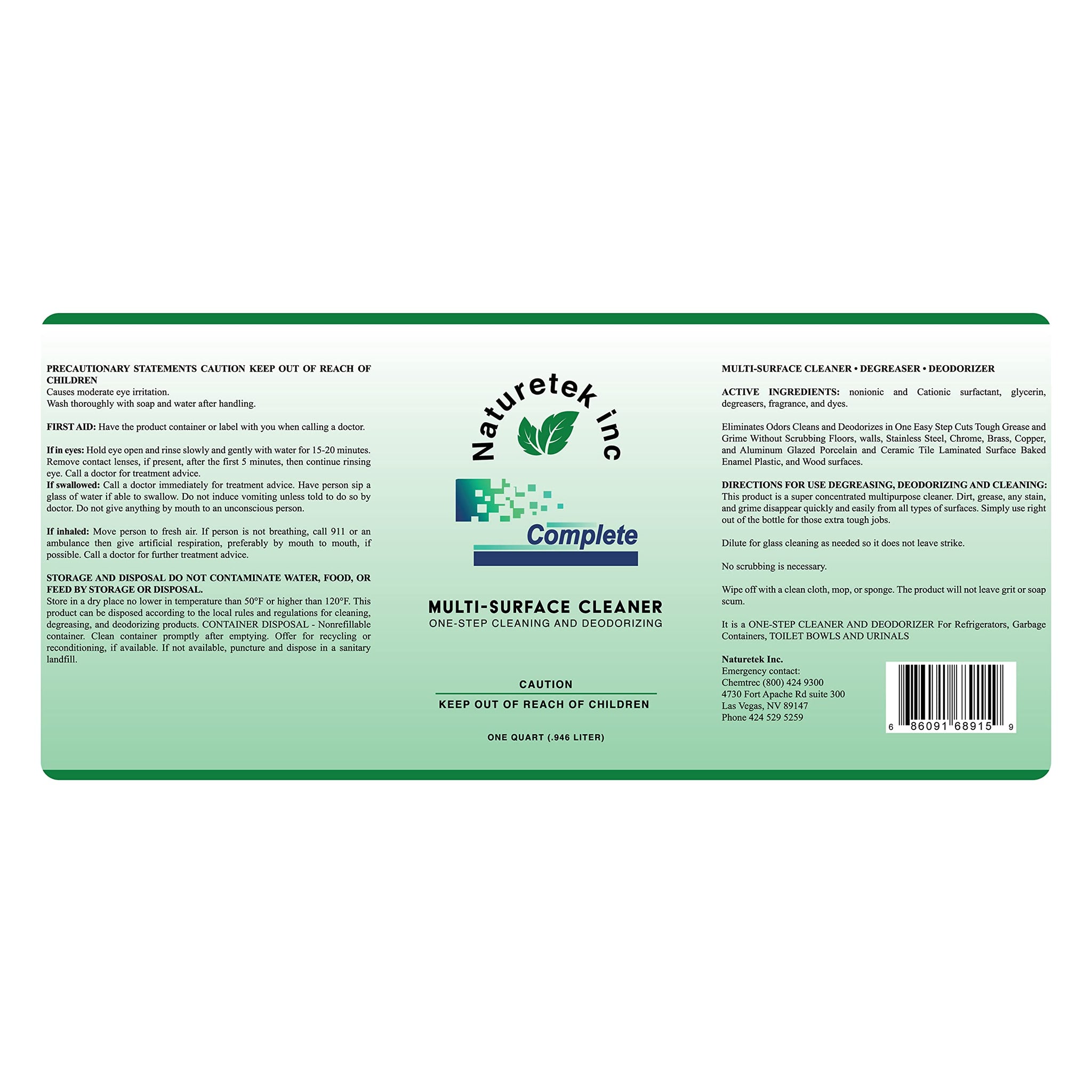 Naturetek Multi-Surface Cleaner, Complete Degreaser, and Deodorizer, All-Purpose Cleaning for Toilets, Bathtubs, Floors, and Walls, Fast Acting, No