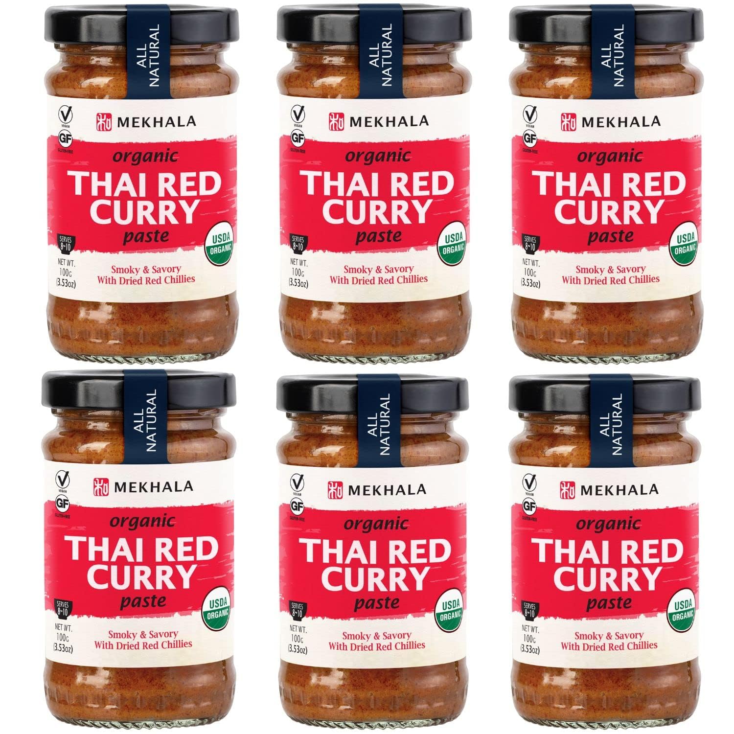 Mekhala Organic Thai Red Curry Paste. VEGAN. GLUTEN-FREE. NO ADDED SUGAR. Versatile. HOT (6x3.53oz)