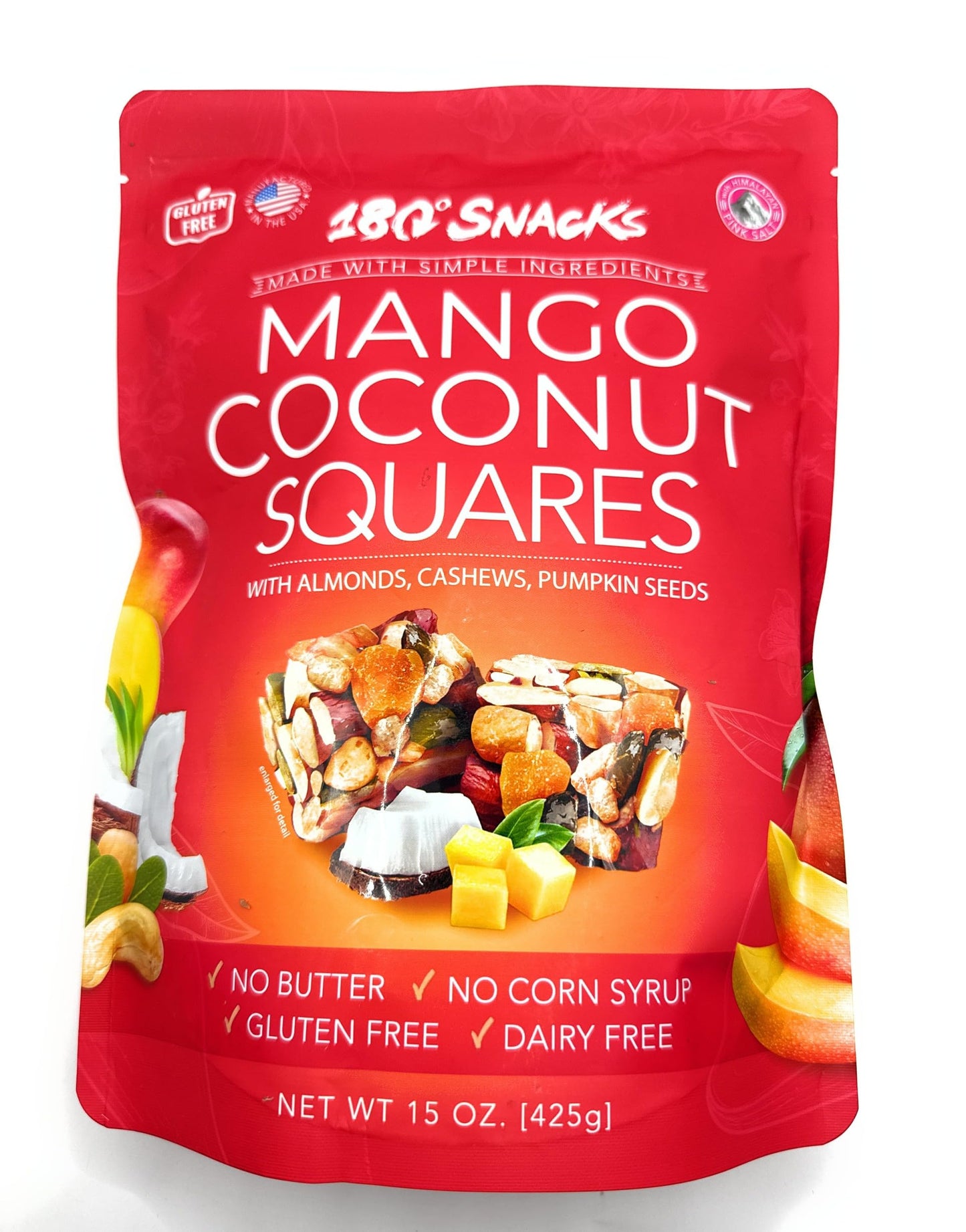 180 Snacks, Mango Coconut Squared, with Almonds, Cashews, Pumpkin Seeds