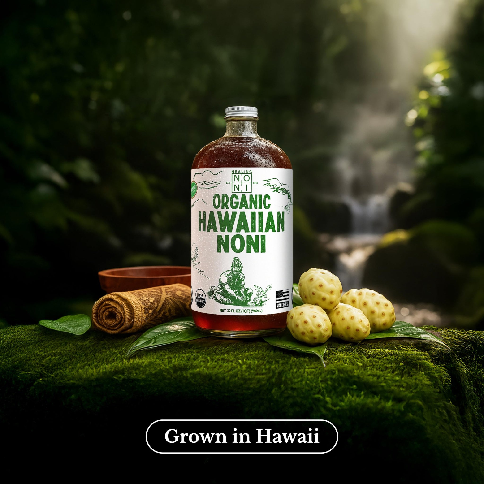 Healing Noni - 100% Pure Noni Juice - USDA Organic, Full Strength, Wellness Drink, Hawaiian-Grown Superfood - (32oz, 4 Pack)