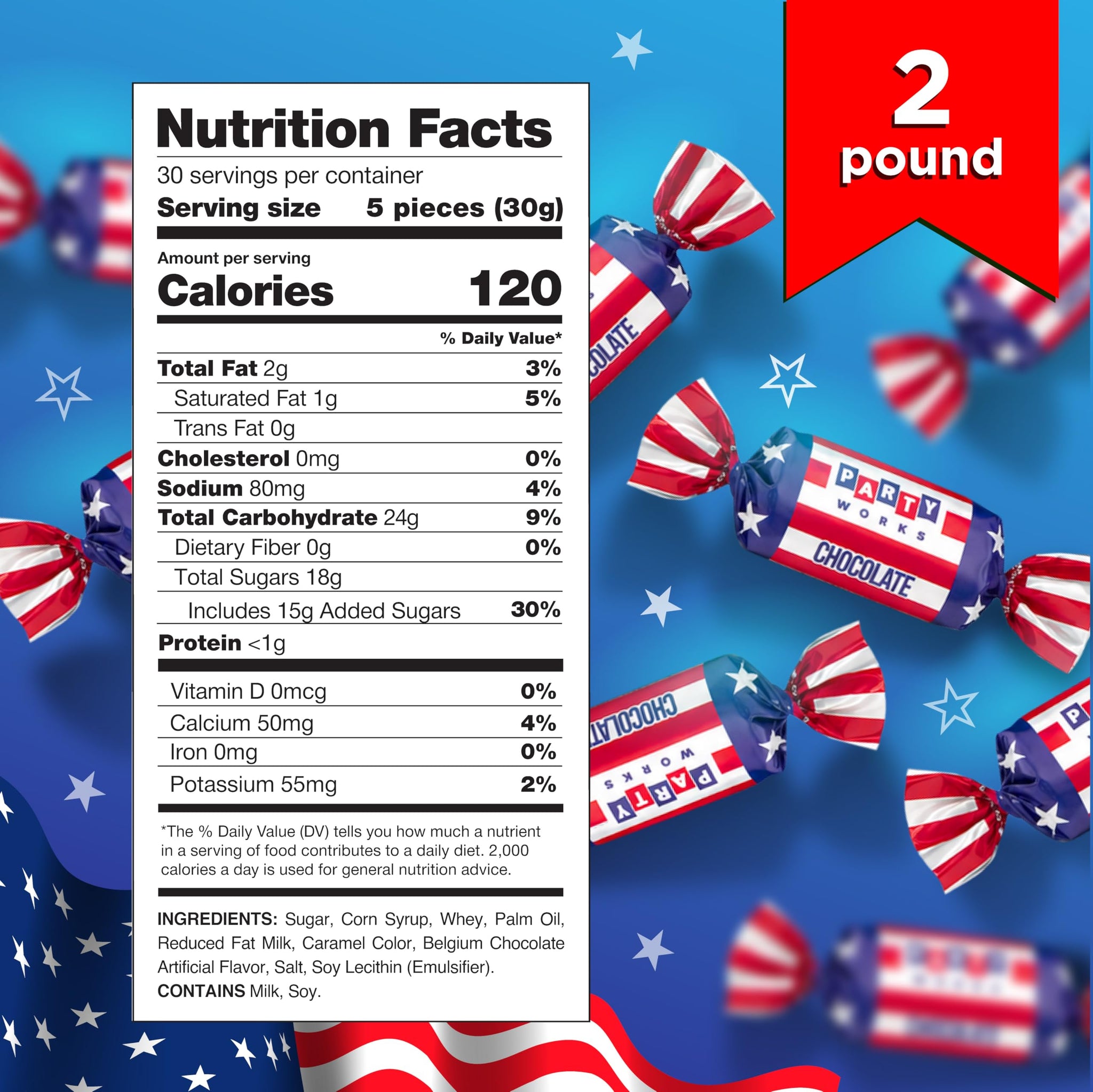 Patriotic Candy - 2 Pound Pack - Chocolate Flavored Caramels - Fourth of July Candy Bulk - Individually Wrapped Red White and Blue Taffies